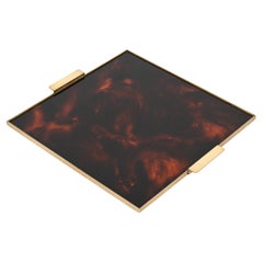 Vintage Christian Dior Tortoiseshell Lucite and Brass Square Serving Tray, Italy 1970s