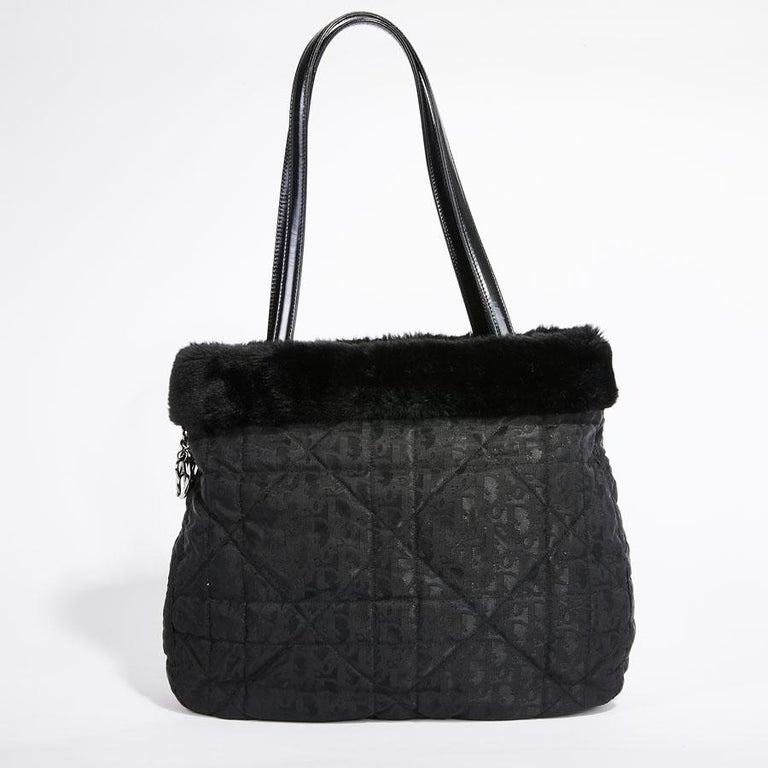 CHRISTIAN DIOR Tote Bag in Black Monogram Canvas and Faux Fur Outline ...