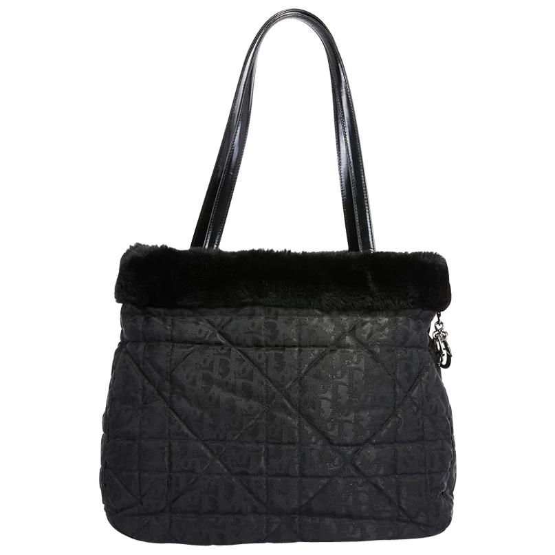 CHRISTIAN DIOR Tote Bag in Black Monogram Canvas and Faux Fur Outline