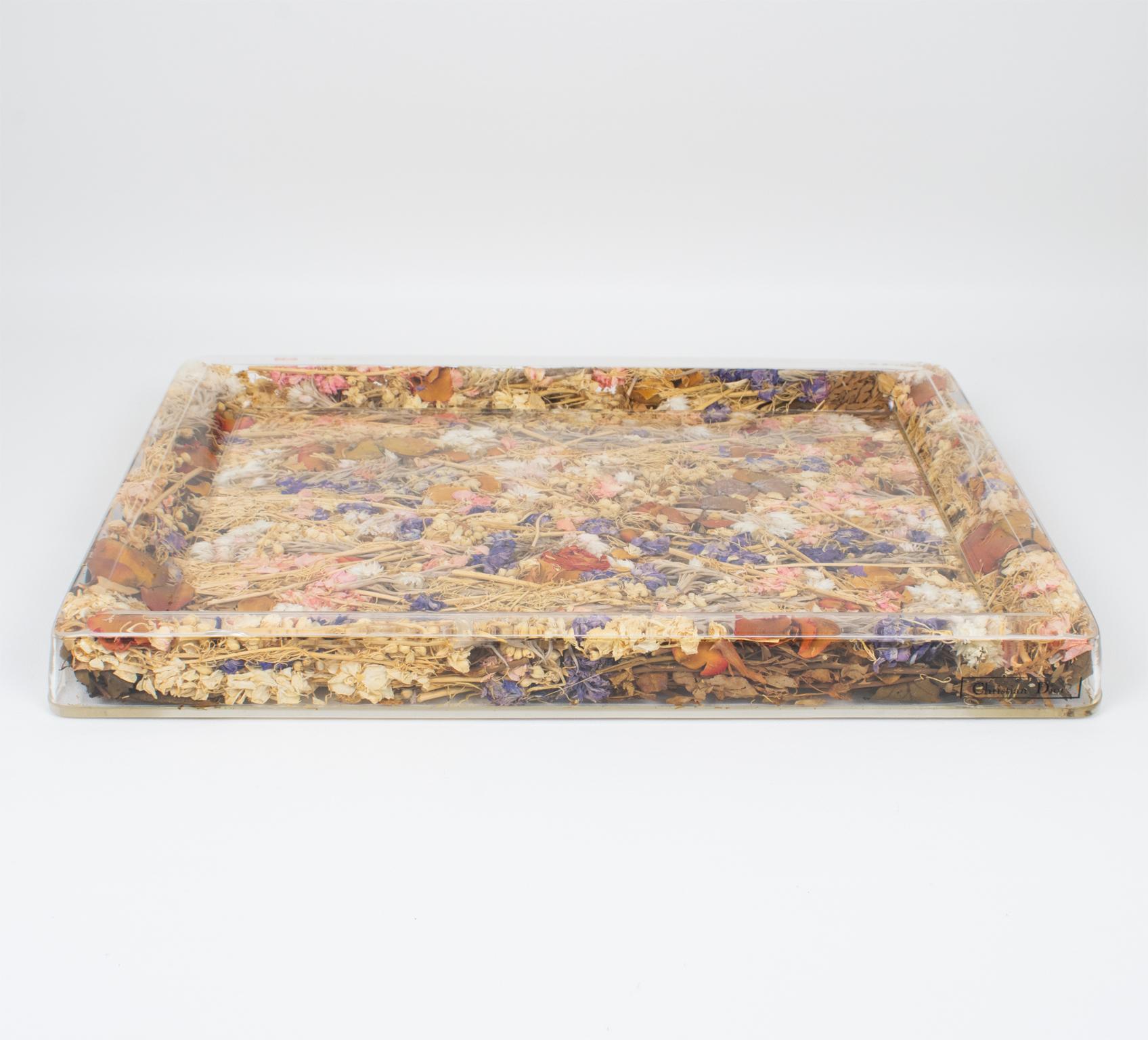 Modern Christian Dior Tray Board Platter Lucite and Dried Flowers, 1970s For Sale