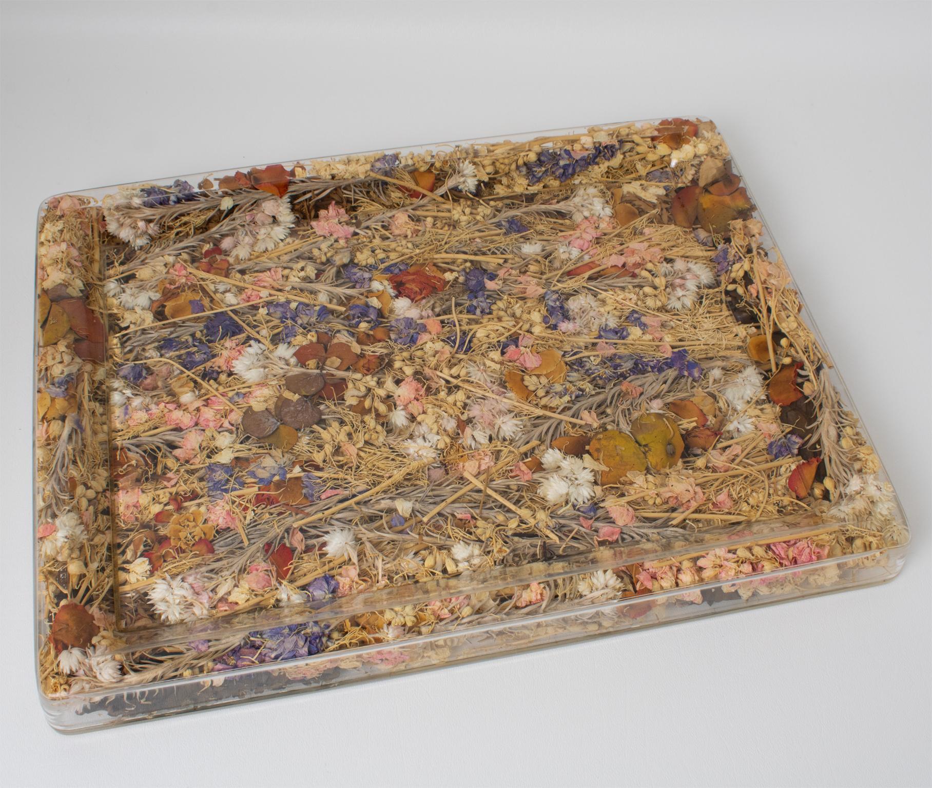 Late 20th Century Christian Dior Tray Board Platter Lucite and Dried Flowers, 1970s For Sale