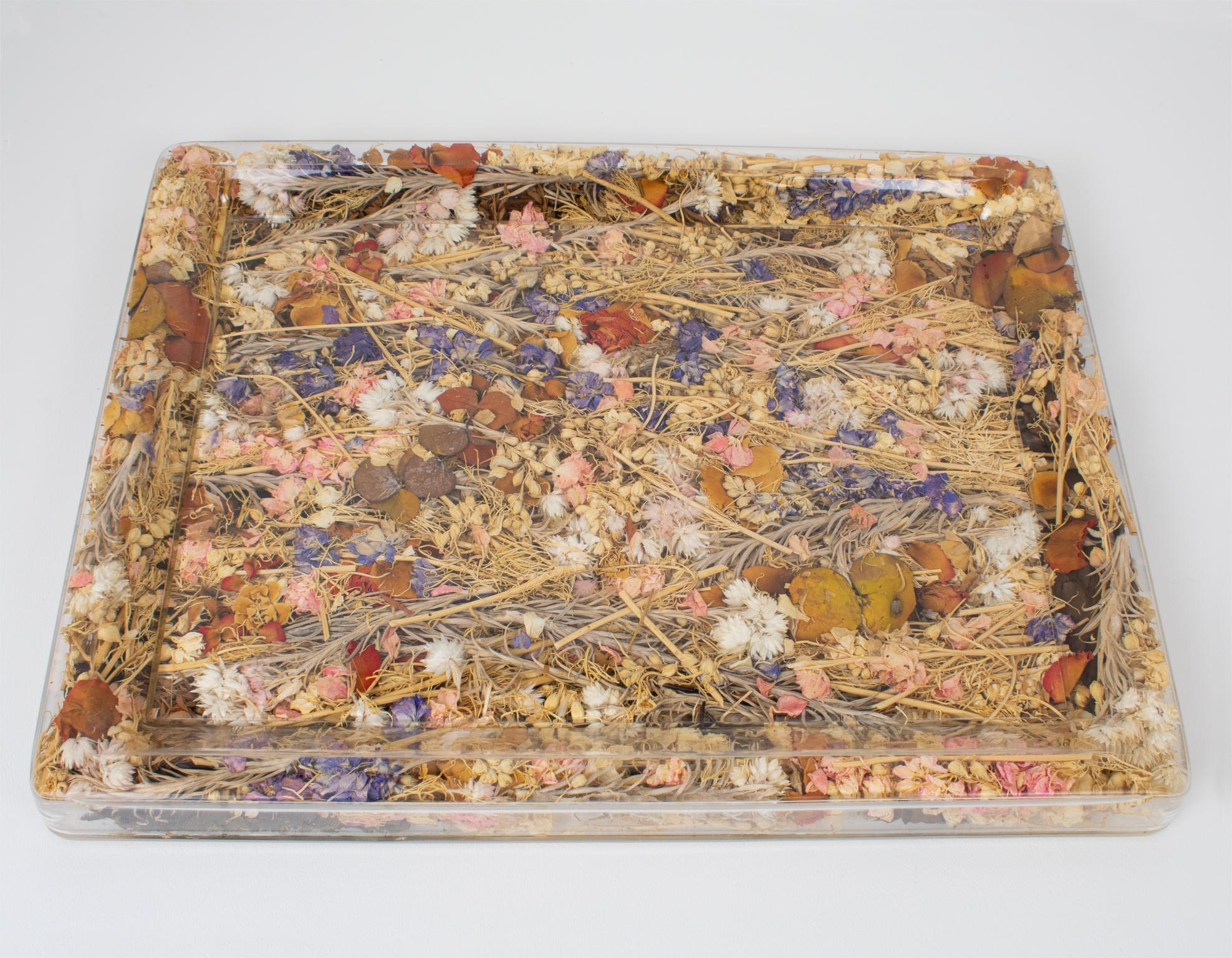 Acrylic Christian Dior Tray Board Platter Lucite and Dried Flowers, 1970s For Sale