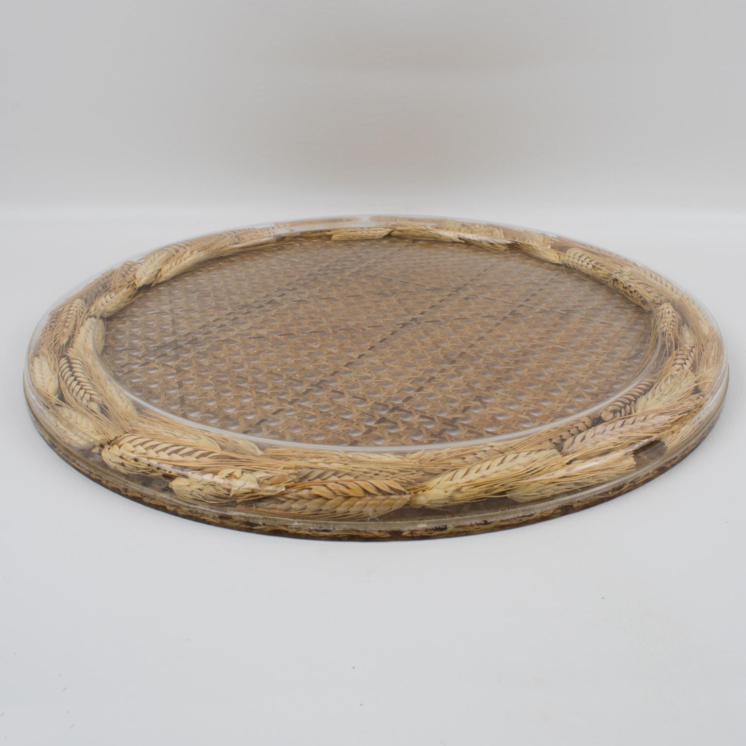 Late 20th Century Christian Dior Tray Board Platter Lucite, Rattan and Wheat