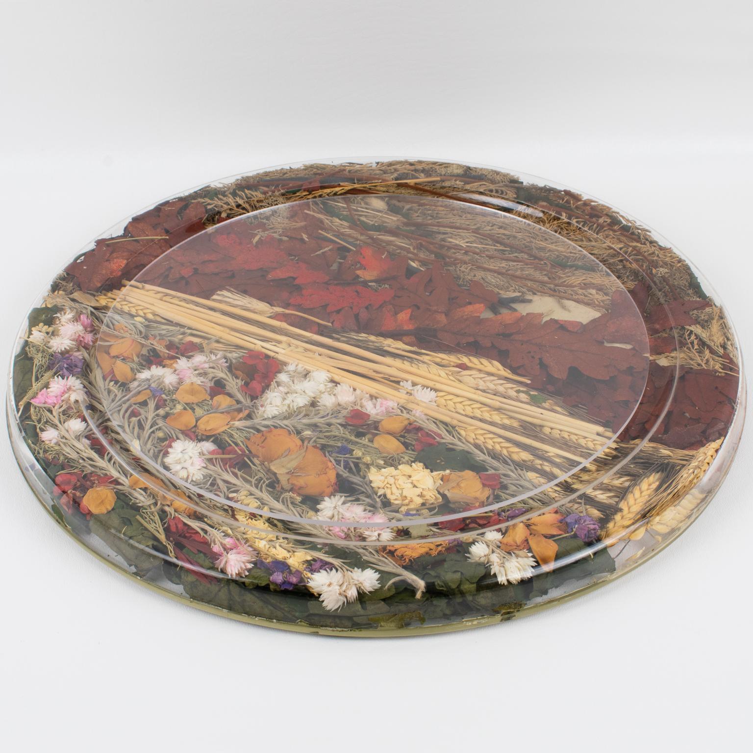 Modern Christian Dior Tray Board Platter Lucite, Wheat and Dried Flowers, 1970s