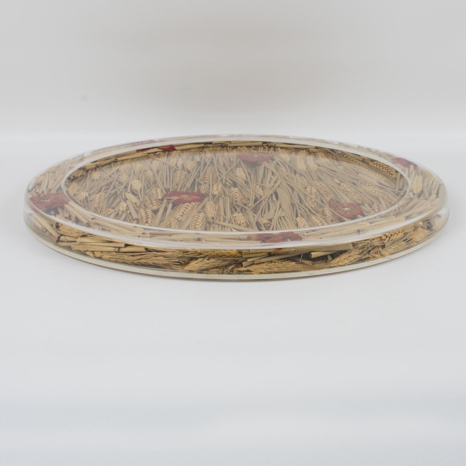 French Christian Dior Tray Board Platter Lucite, Wheat and Dried Flowers. 1972