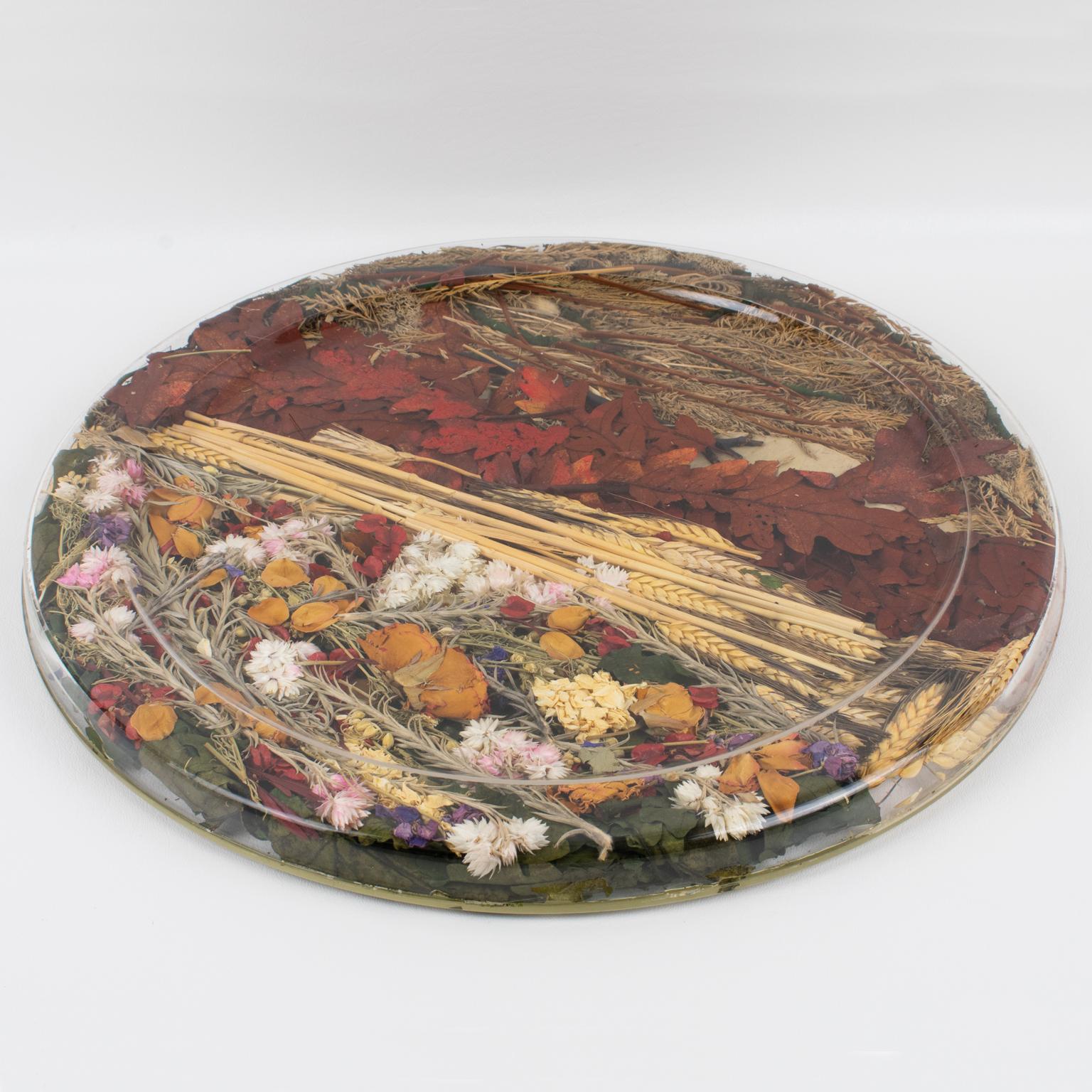 French Christian Dior Tray Board Platter Lucite, Wheat and Dried Flowers, 1970s