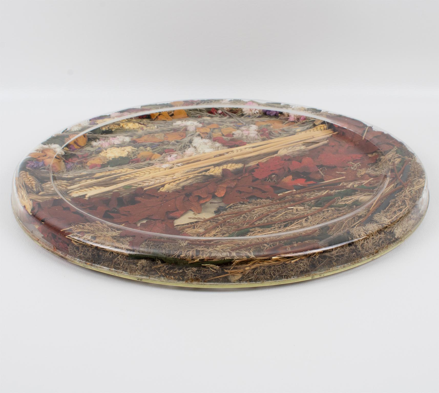 Christian Dior Tray Board Platter Lucite, Wheat and Dried Flowers, 1970s In Excellent Condition In Atlanta, GA