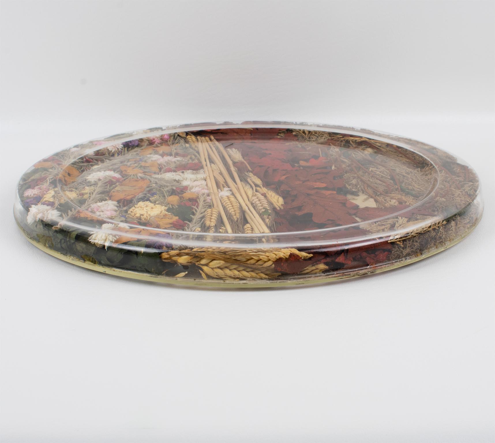 Acrylic Christian Dior Tray Board Platter Lucite, Wheat and Dried Flowers, 1970s