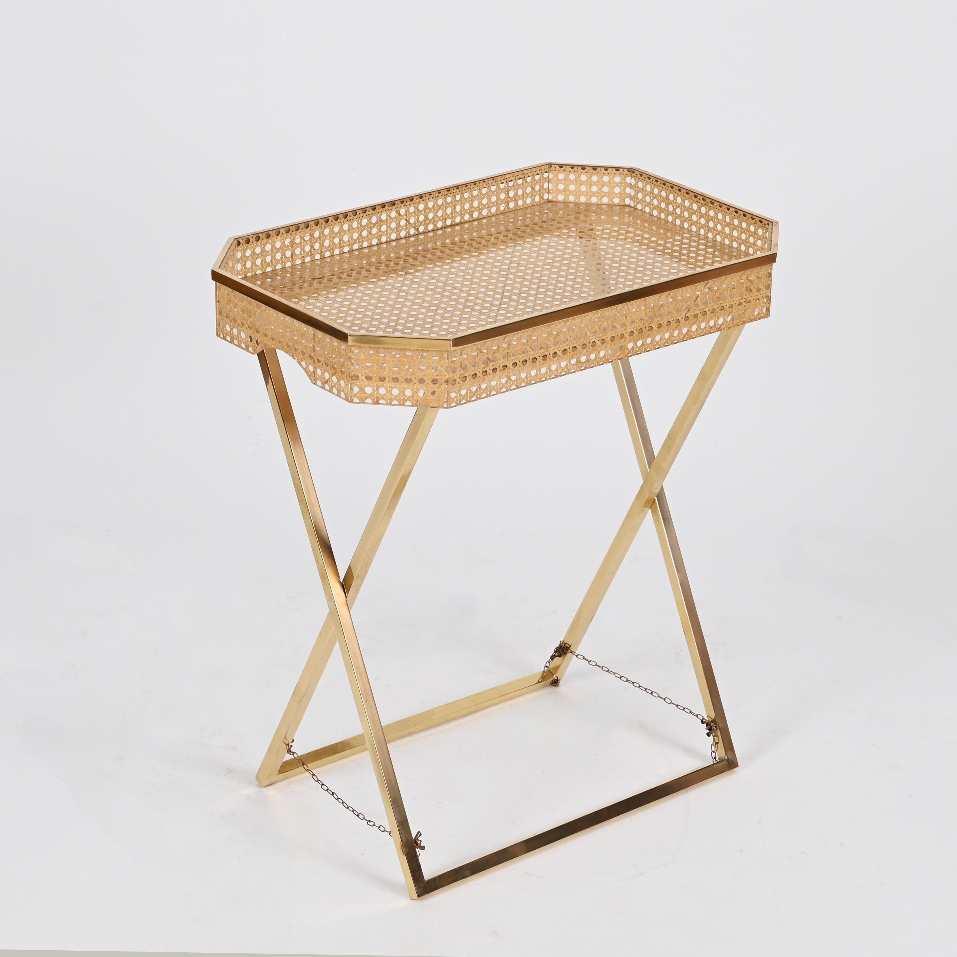 Christian Dior Tray Side Table in Gold Brass, Lucite, Vienna Straw, Italy, 1970s 3