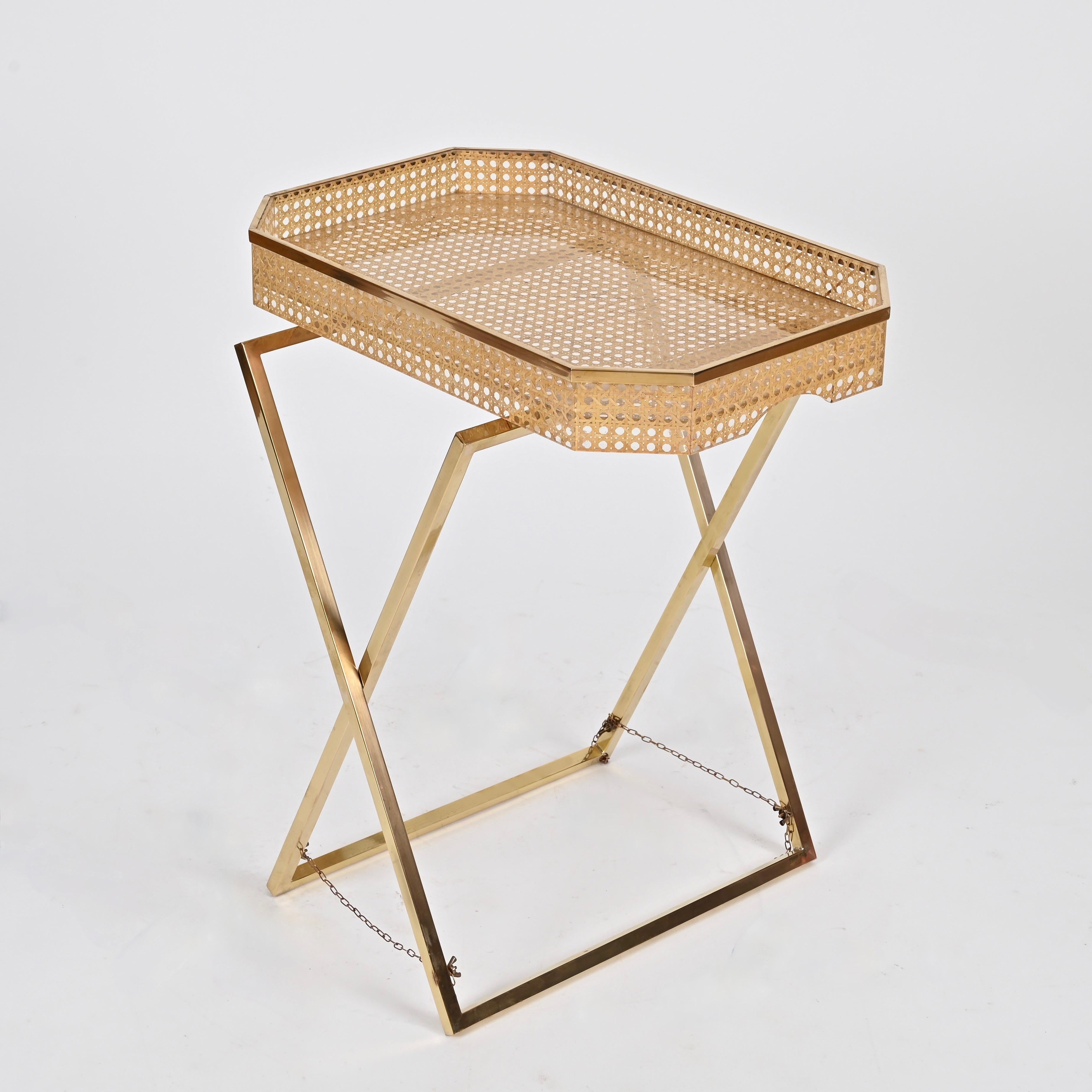 Christian Dior Tray Side Table in Gold Brass, Lucite, Vienna Straw, Italy, 1970s 4