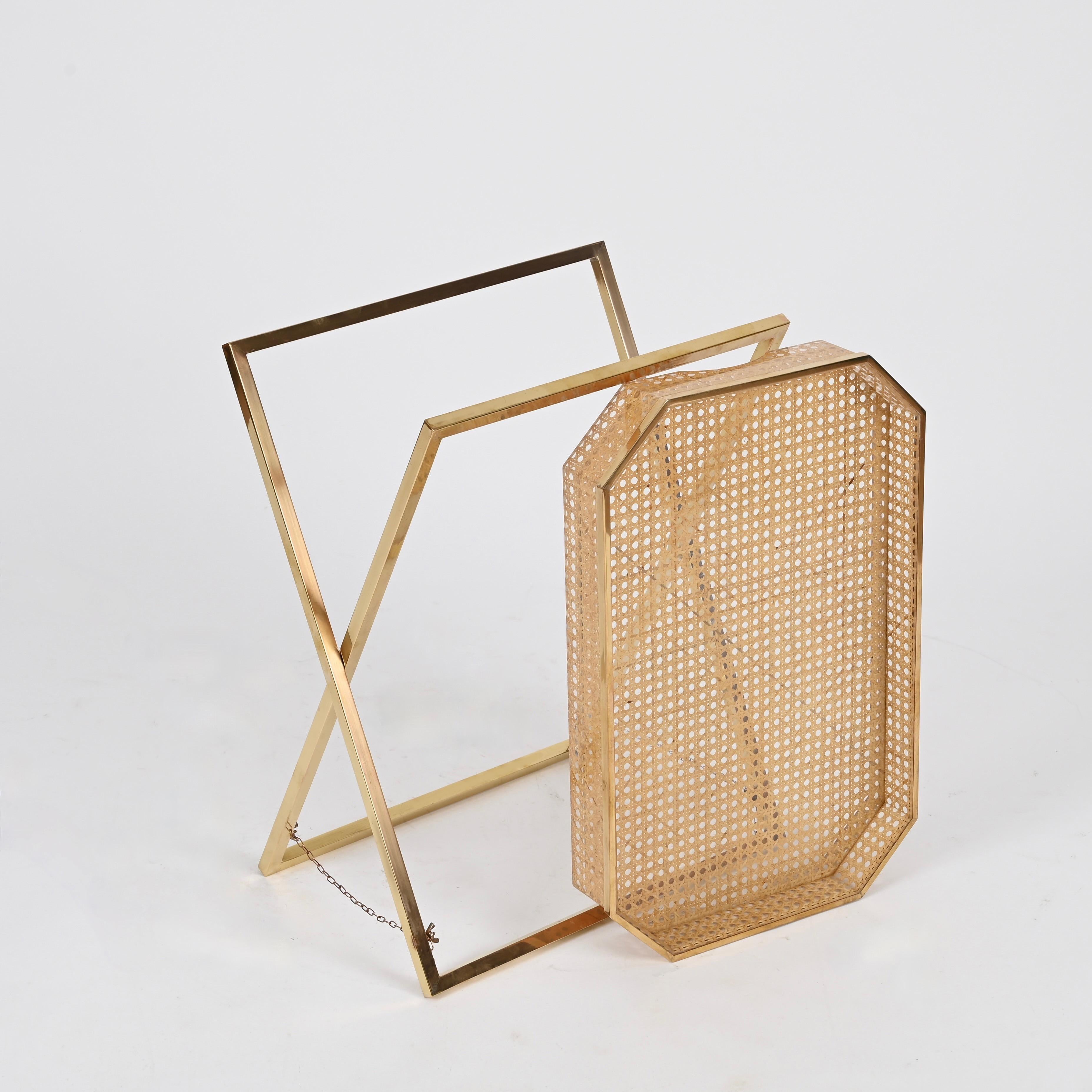 Christian Dior Tray Side Table in Gold Brass, Lucite, Vienna Straw, Italy, 1970s 5