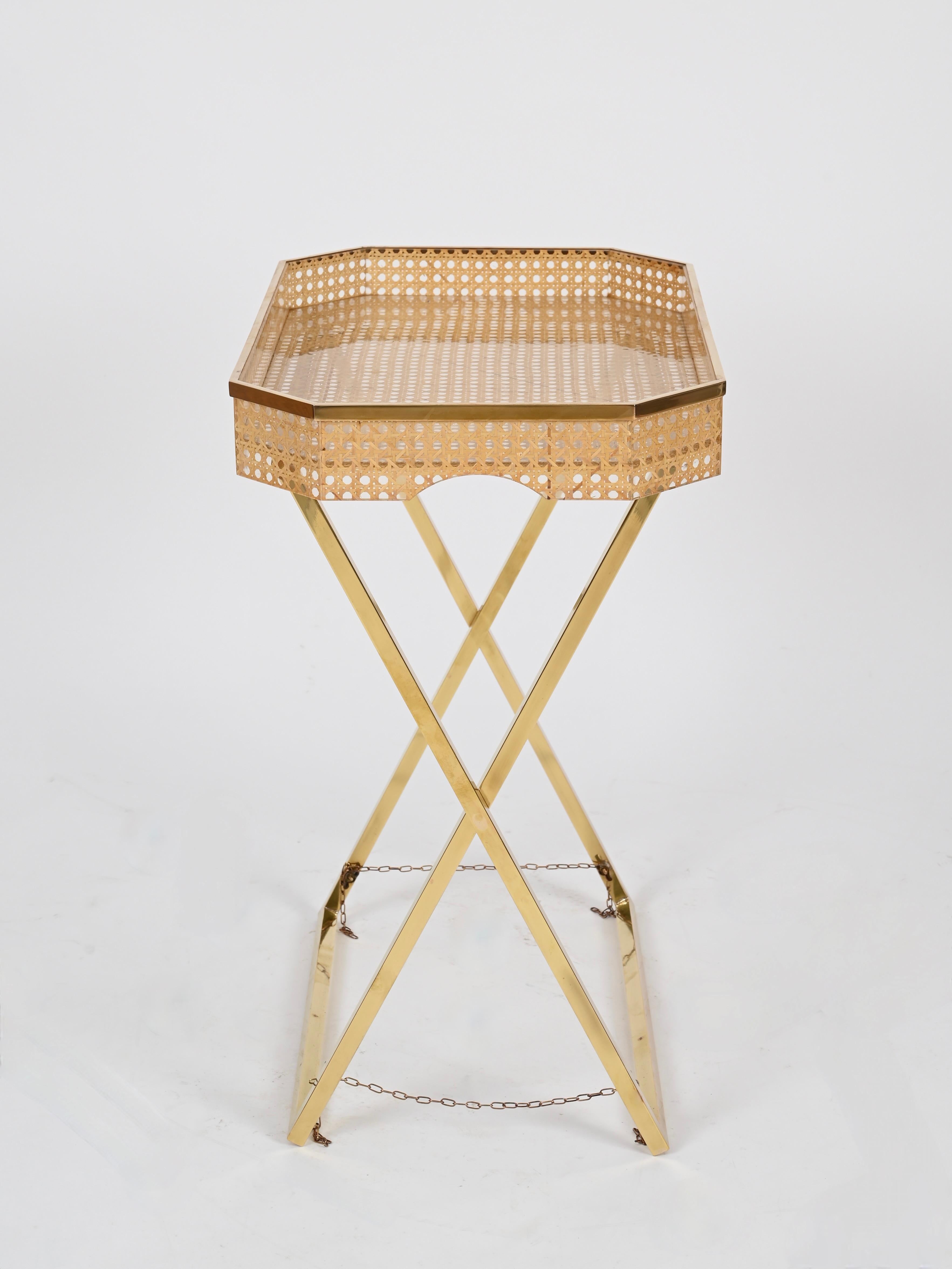 Christian Dior Tray Side Table in Gold Brass, Lucite, Vienna Straw, Italy, 1970s 8