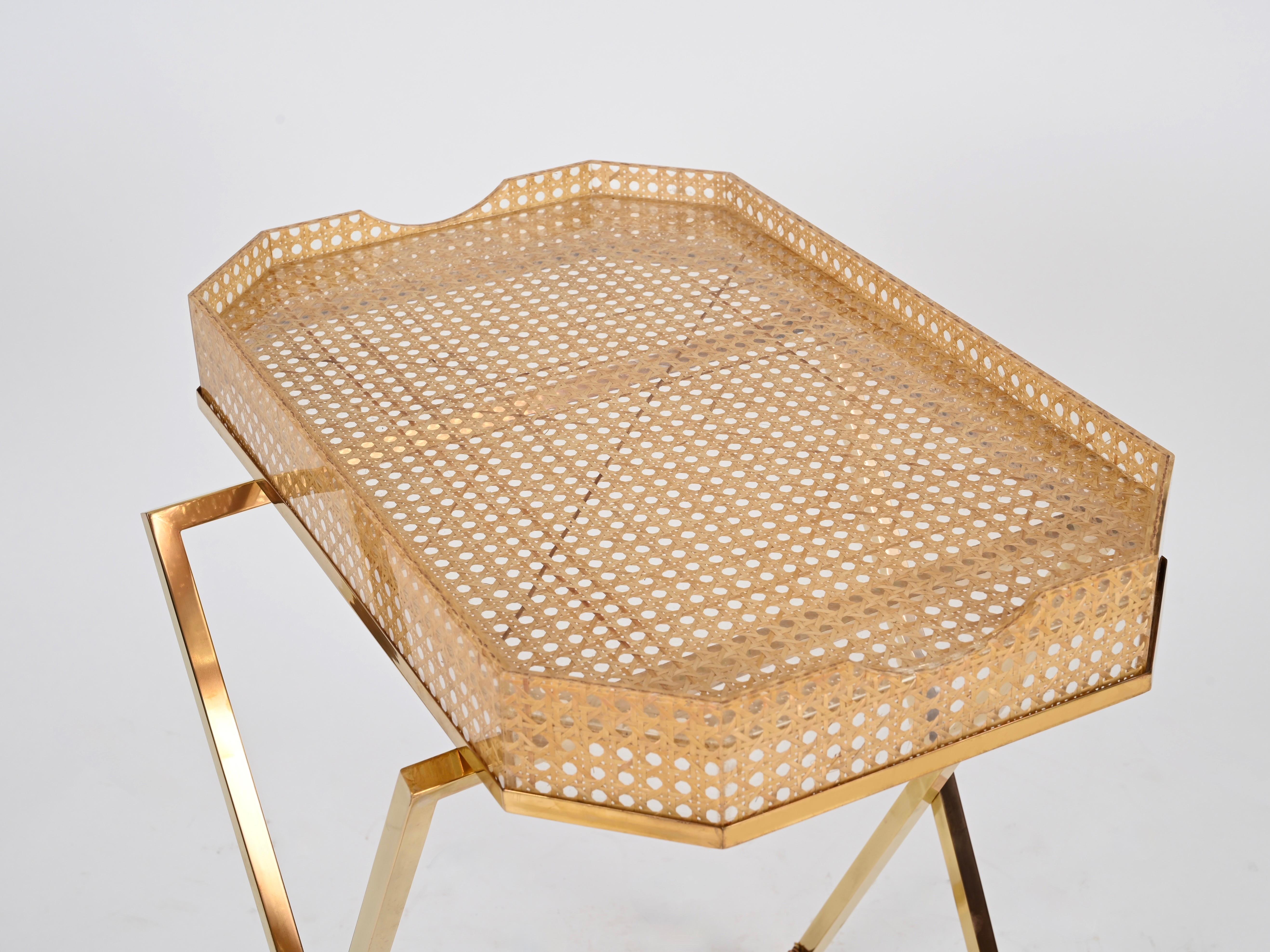 Christian Dior Tray Side Table in Gold Brass, Lucite, Vienna Straw, Italy, 1970s 9