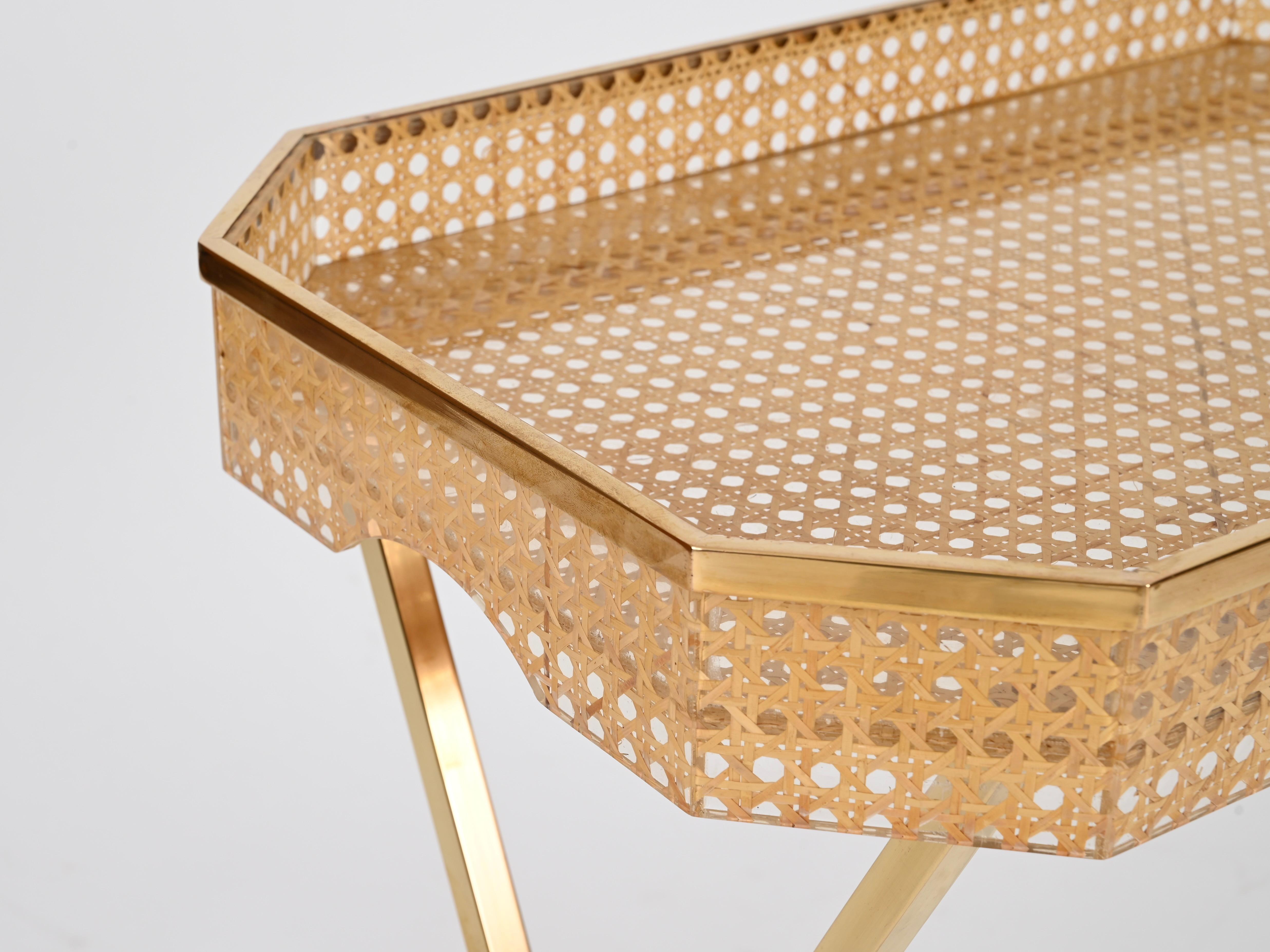 Christian Dior Tray Side Table in Gold Brass, Lucite, Vienna Straw, Italy, 1970s 10