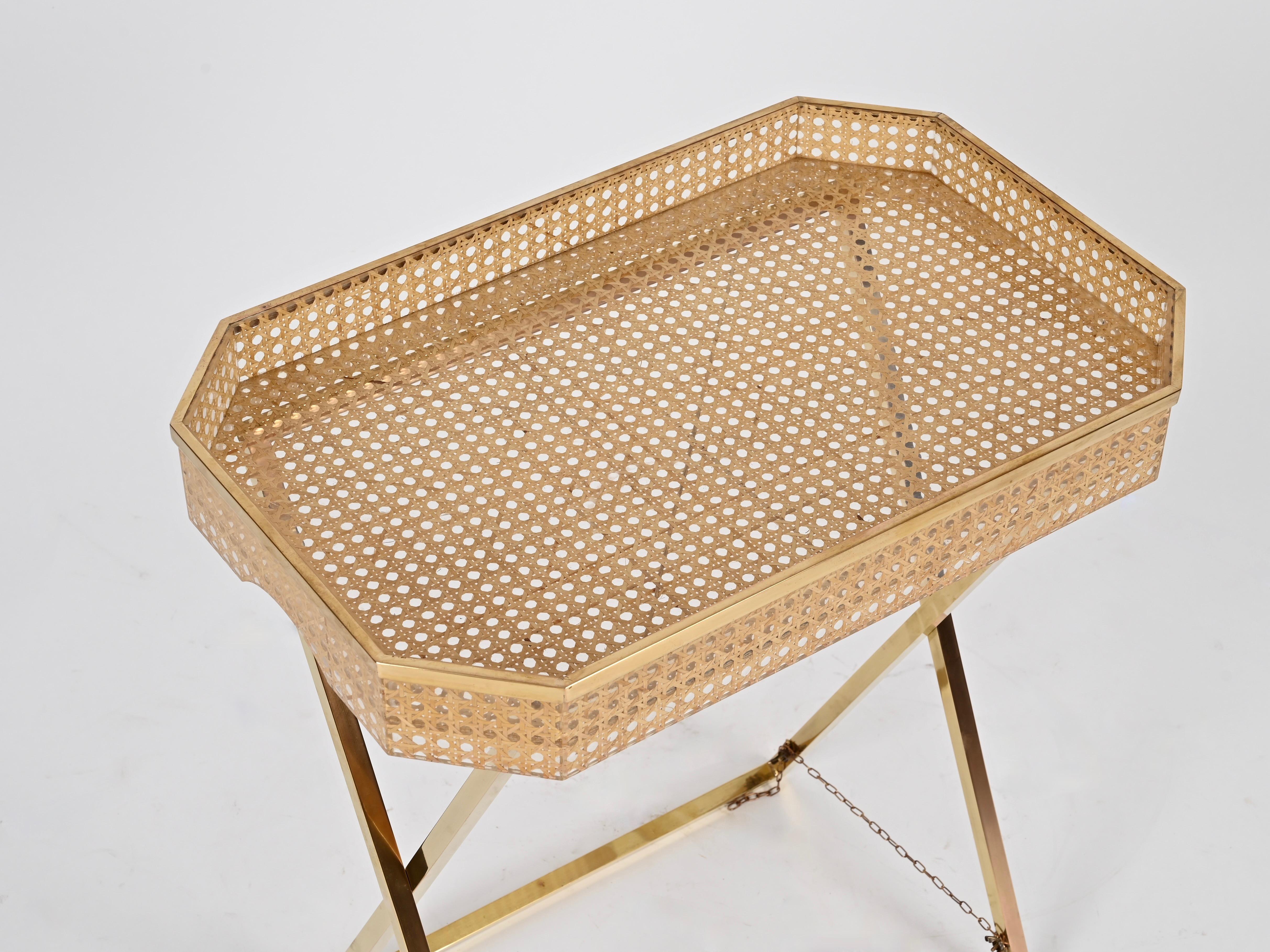 Christian Dior Tray Side Table in Gold Brass, Lucite, Vienna Straw, Italy, 1970s 11