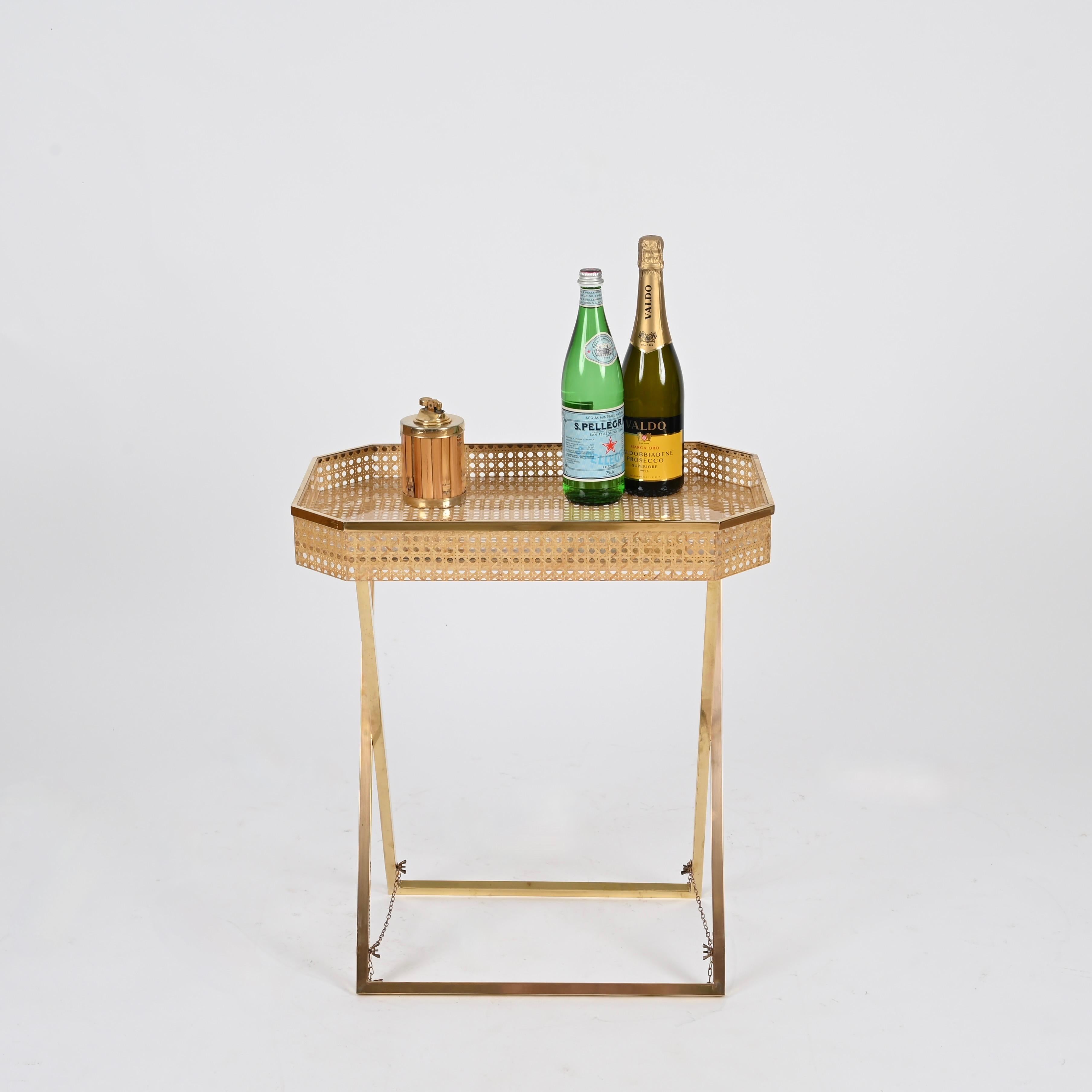 Christian Dior Tray Side Table in Gold Brass, Lucite, Vienna Straw, Italy, 1970s 2