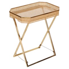 Christian Dior Tray Side Table in Gold Brass, Lucite, Vienna Straw, Italy, 1970s