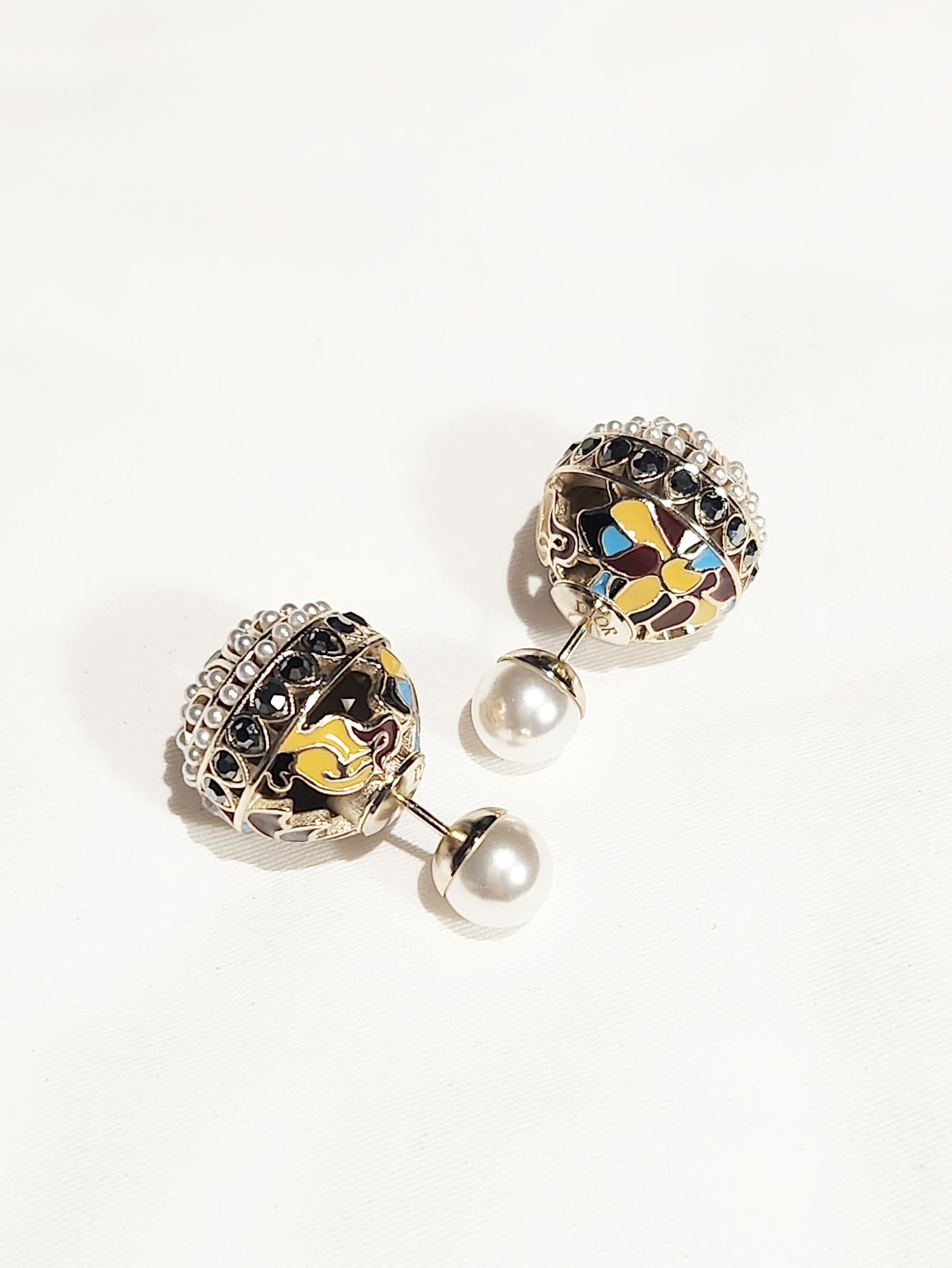 Contemporary Christian Dior Tribales Coloured Enamel Metal Black Rhinestones Pearls Earrings