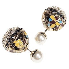 Christian Dior Tribales Coloured Enamel Metal Black Rhinestones Pearls Earrings