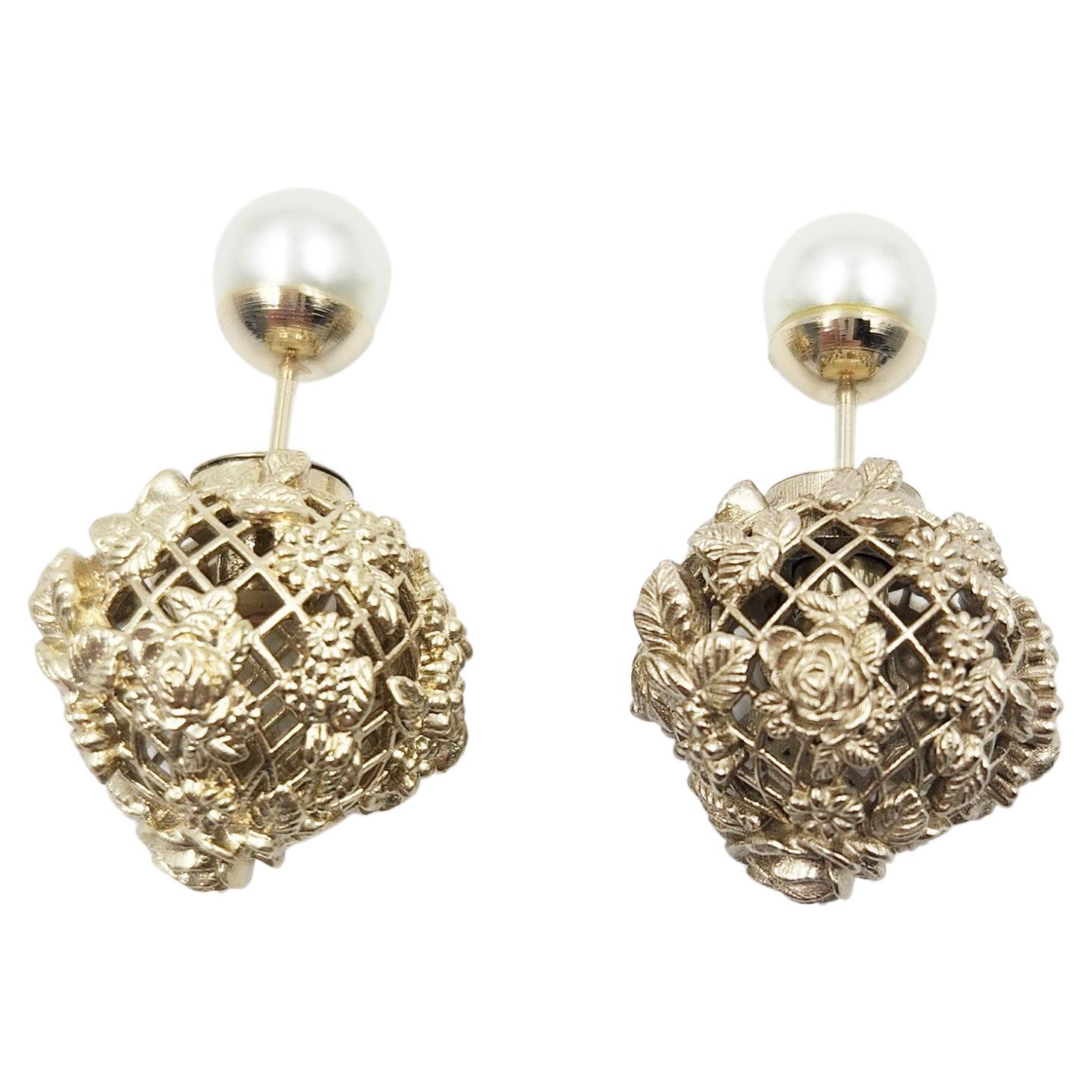 Christian Dior Tribales Light Gold Finish Floral Metal and White Resin Pearls