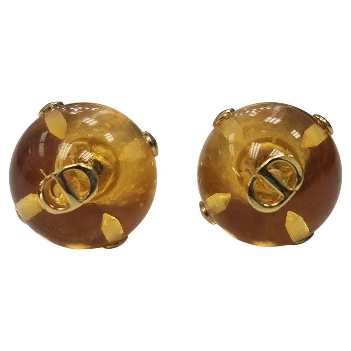 Christian Dior Tribales Stud Earrings Amber Honey Gold Logo Signature Mint