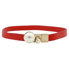 Christian Dior Tribales White Pearls Red Leather Double Wrap Bracelet Choker M
