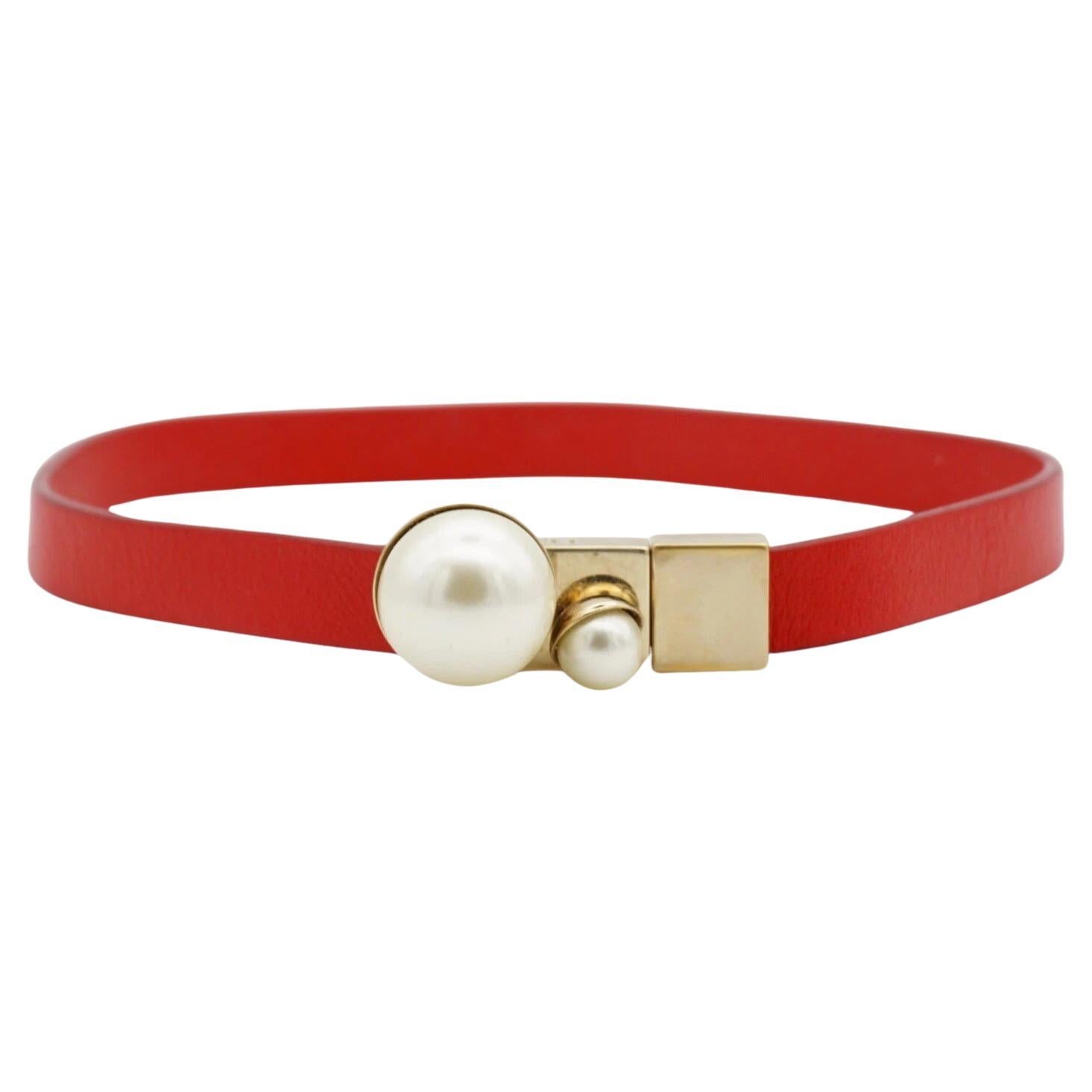 Christian Dior Tribales White Pearls Red Leather Double Wrap Bracelet Choker M For Sale