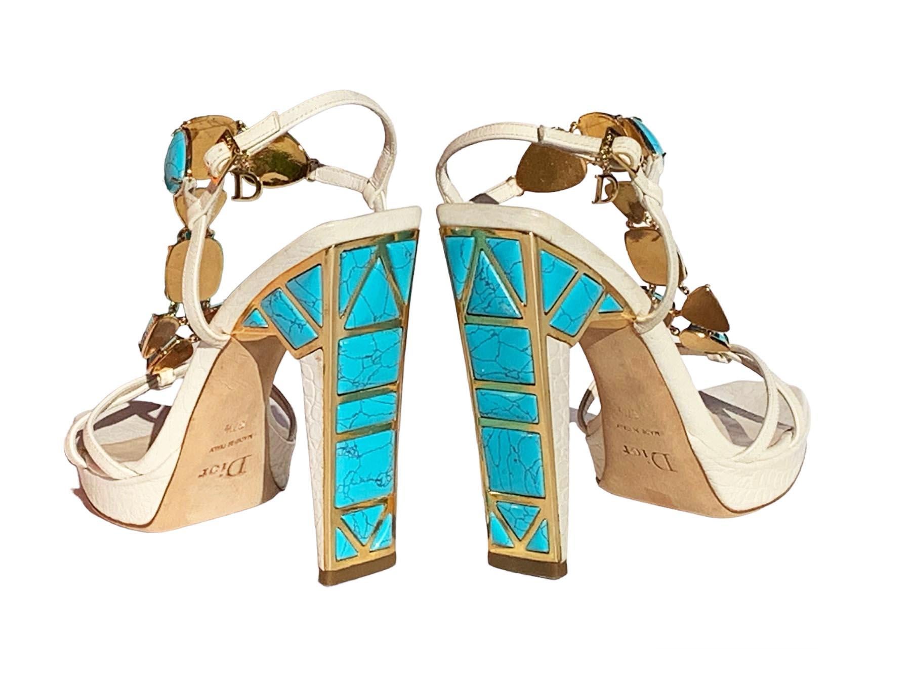 Women's Christian Dior Turquoise Jeweled T-Strap White Leather D-Charm Sandals It 37.5 For Sale