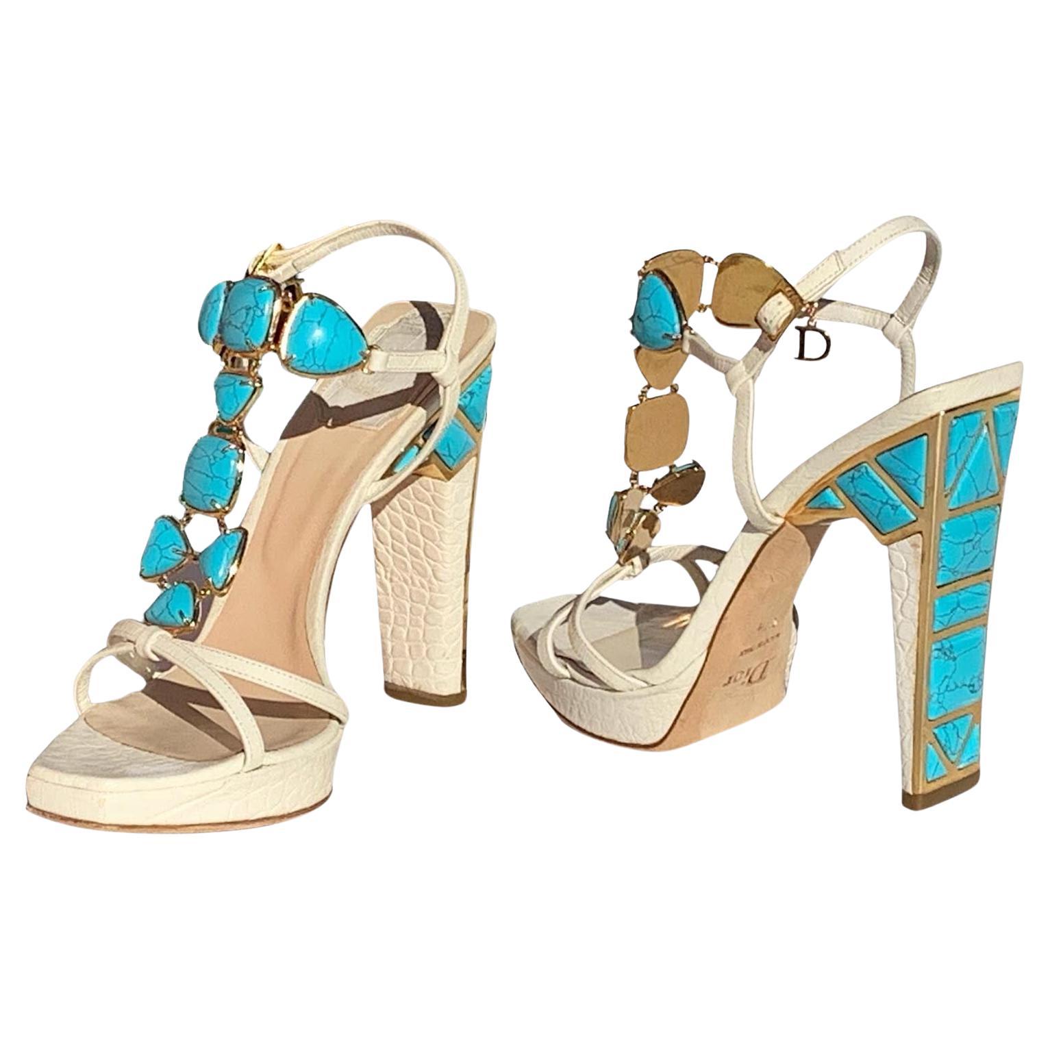 Christian Dior Turquoise Jeweled T-Strap White Leather D-Charm Sandals It 37.5 For Sale