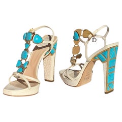 Used Christian Dior Turquoise Jeweled T-Strap White Leather D-Charm Sandals It 37.5