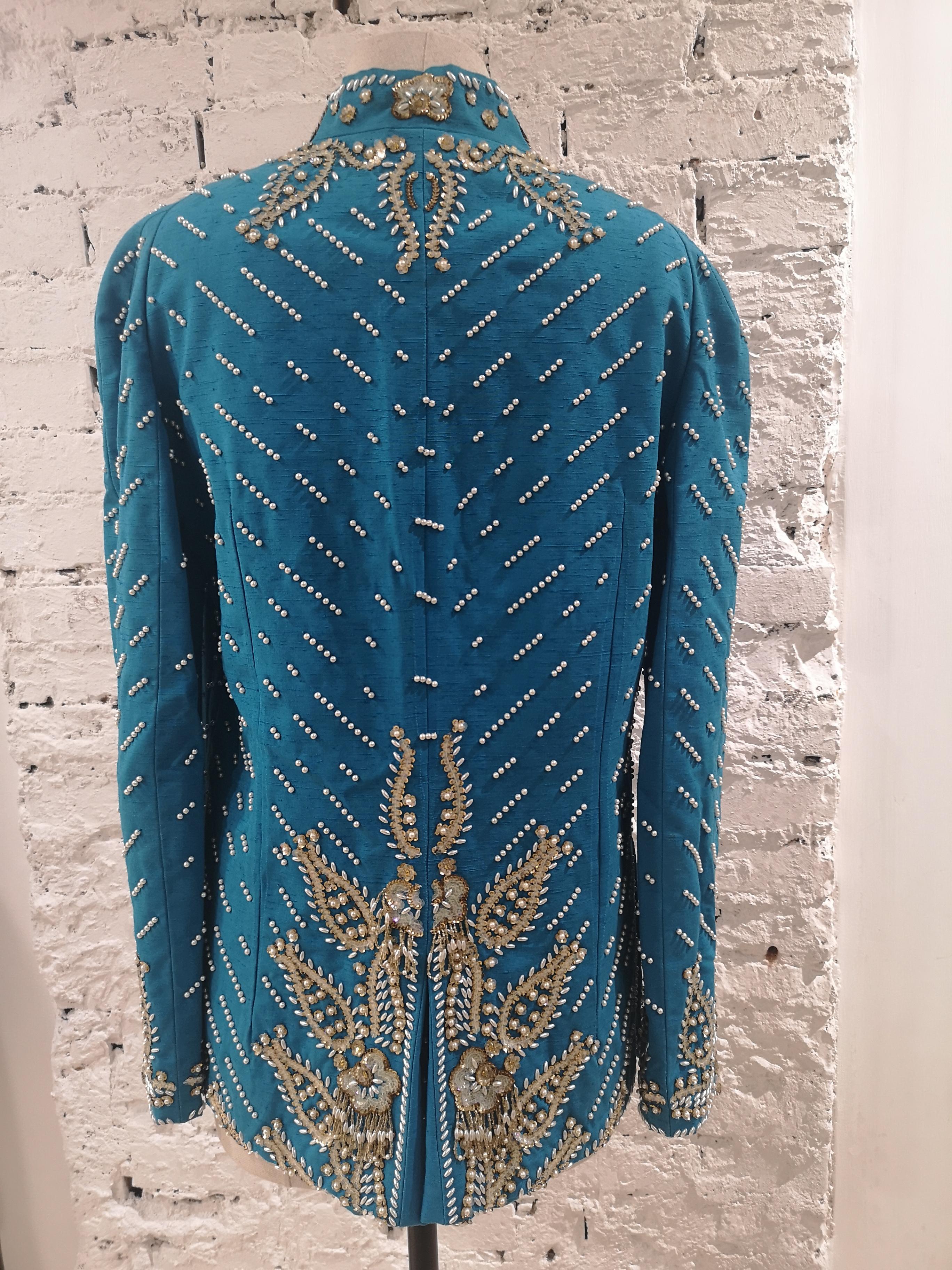 Christian Dior turquoise pearls beads sequins jacket 5