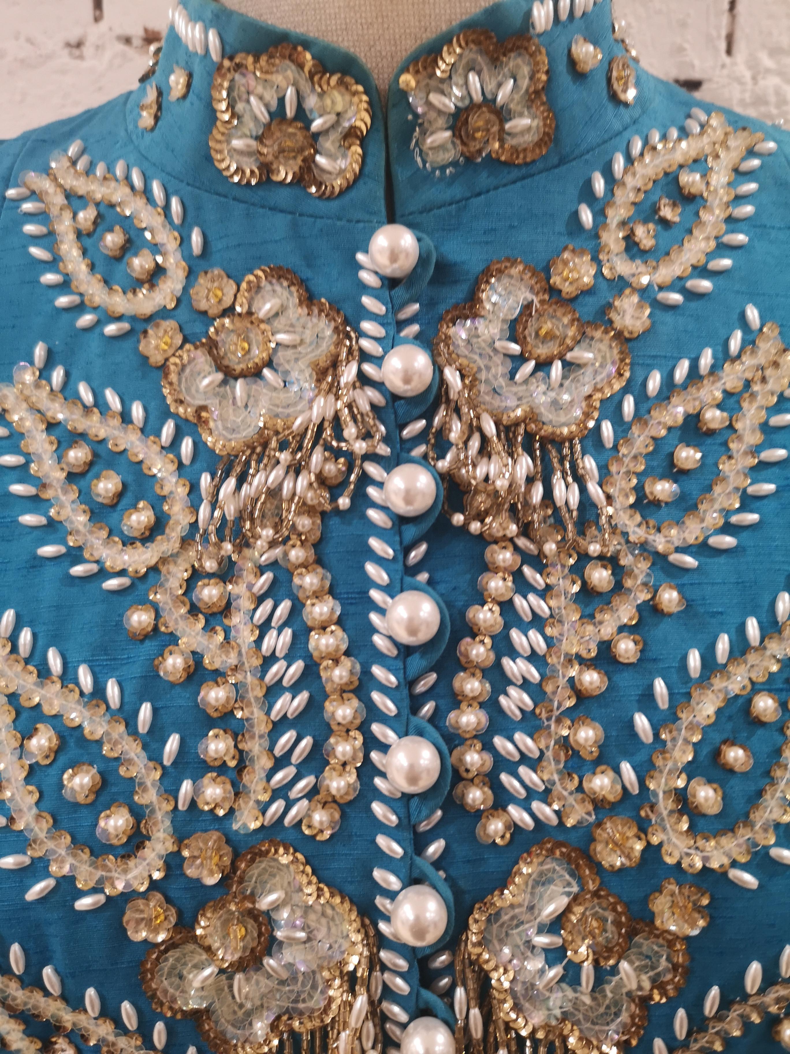 Blue Christian Dior turquoise pearls beads sequins jacket