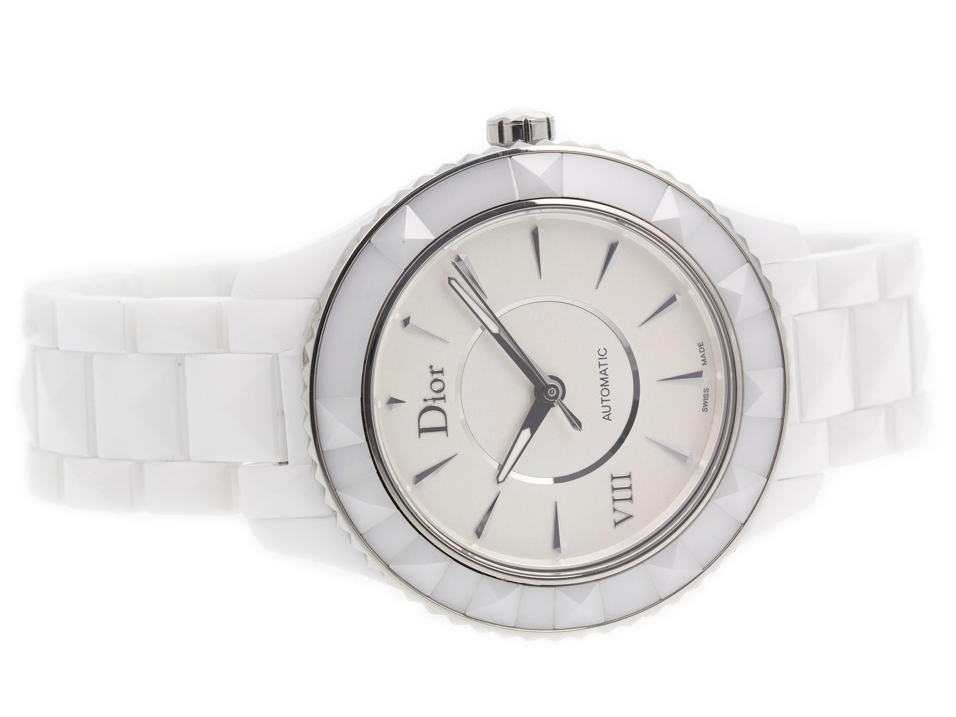 Ceramic & steel Christian Dior VIII automatic watch with a 38mm case, white dial, and bracelet with folding clasp. Features include hours, minutes, and seconds. Comes with a Gift Box and 2 Year Store Warranty.​

Brand	Christian