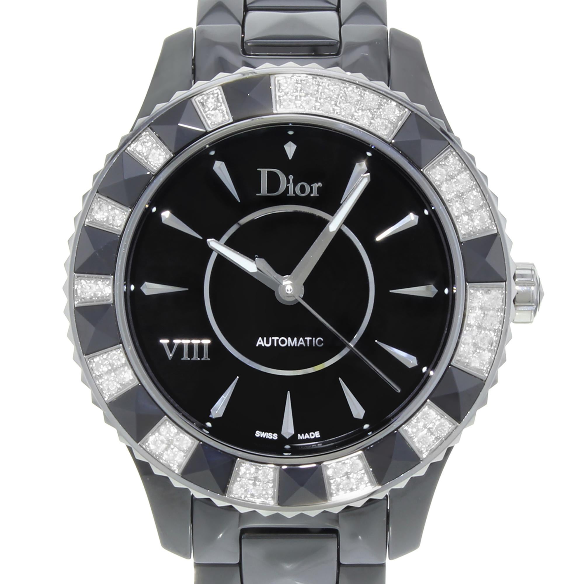 This display model Christian Dior VIII  CD1245E1C001  is a beautiful Ladie's timepiece that is powered by mechanical (automatic) movement which is cased in a ceramic case. It has a round shape face, no features dial and has hand sticks style
