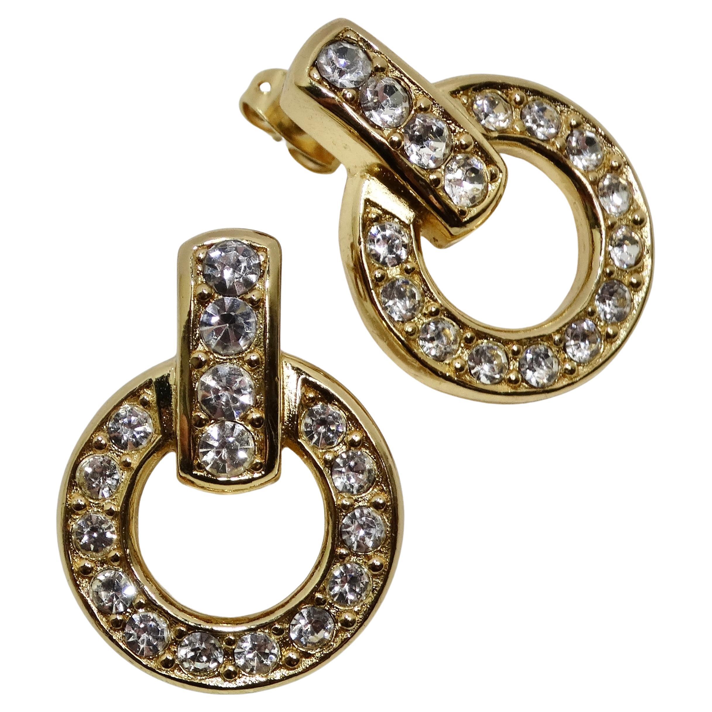 Christian Dior Vintage 18K Gold Plated Rhinestone Earrings For Sale