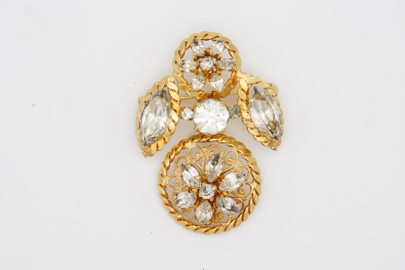 Christian Dior Vintage 1950s Baroque Openwork Crystals Exquisite Gold Brooch For Sale 2