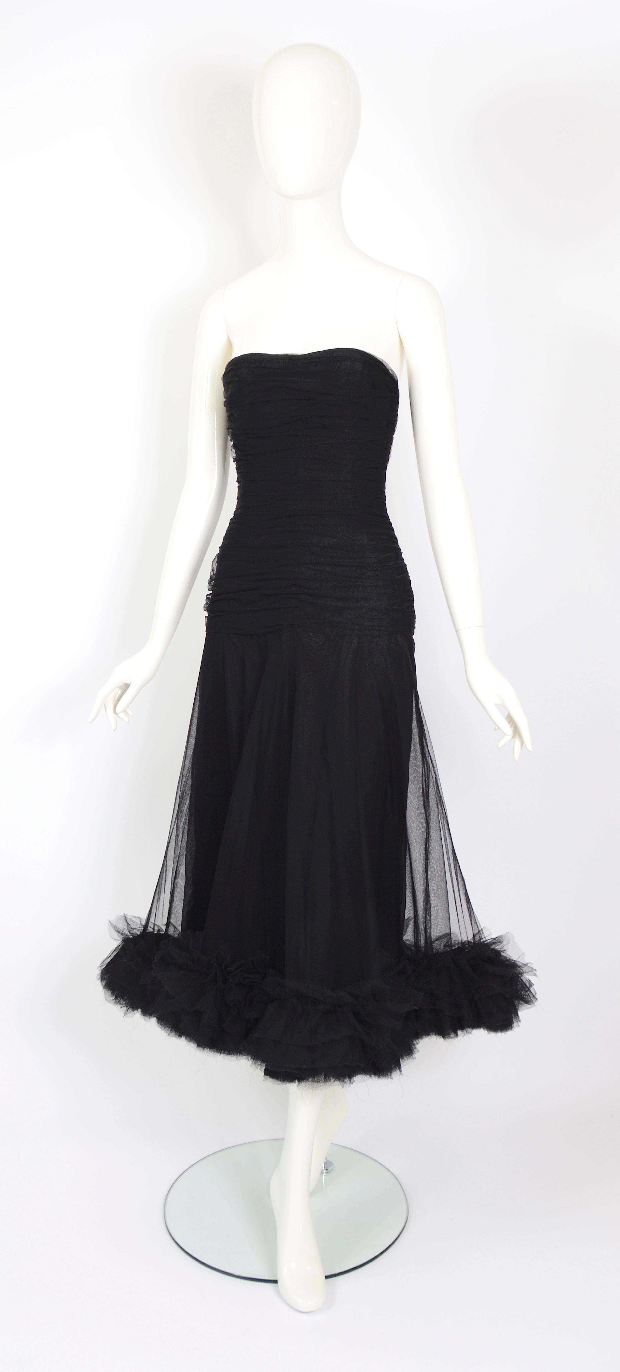 Christian Dior by Marc Bohan vintage numbered couture black tulle evening dress For Sale 8