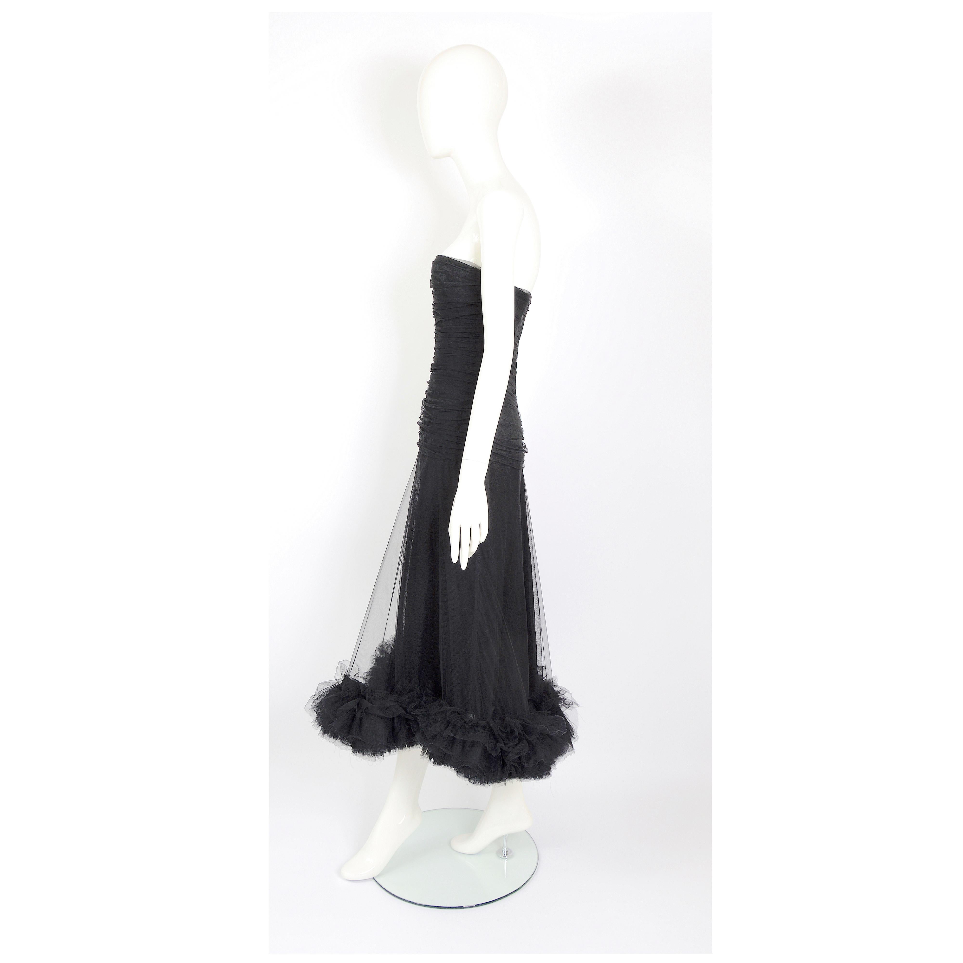 Christian Dior by Marc Bohan vintage numbered couture black tulle evening dress In Excellent Condition For Sale In Antwerp, BE