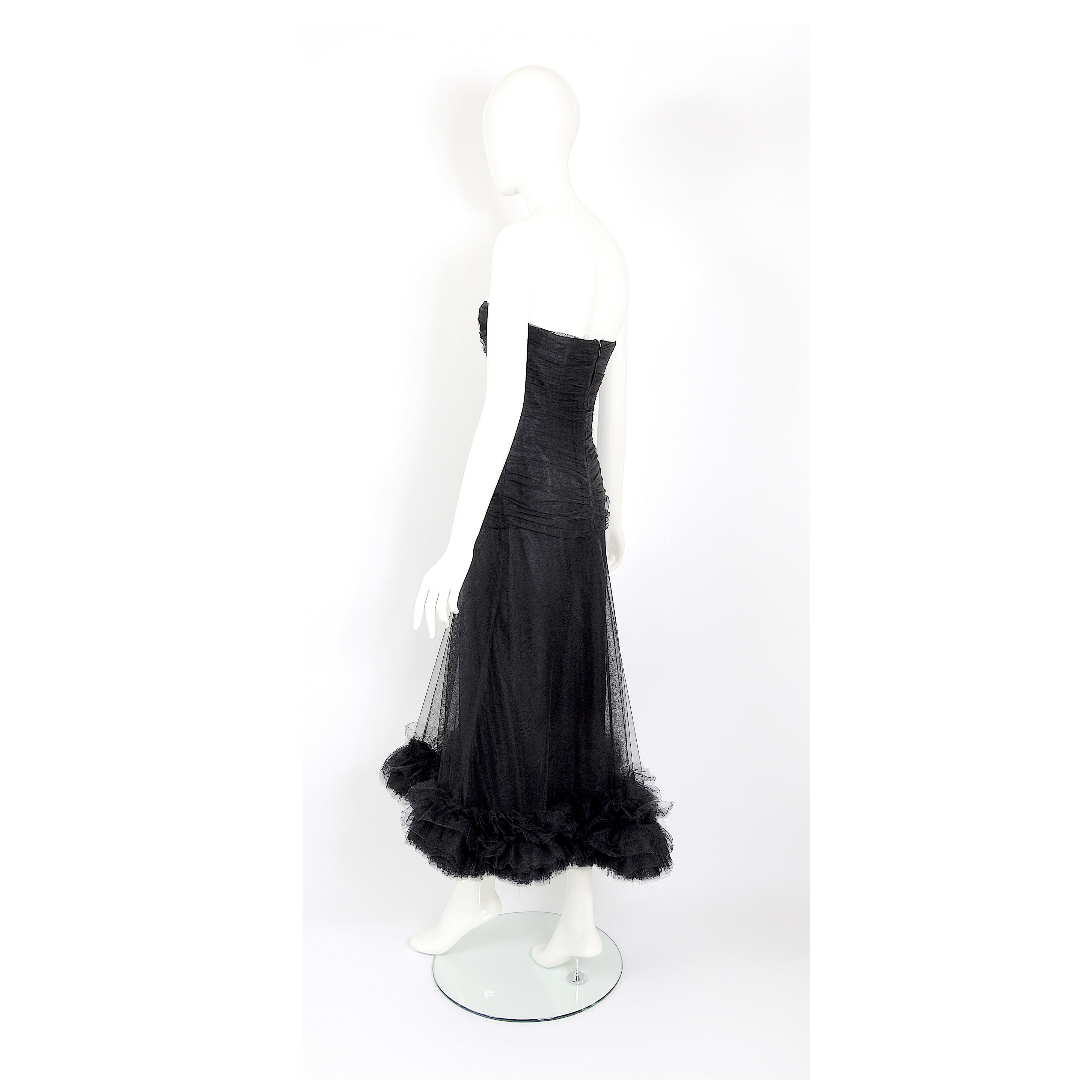 Women's Christian Dior by Marc Bohan vintage numbered couture black tulle evening dress For Sale