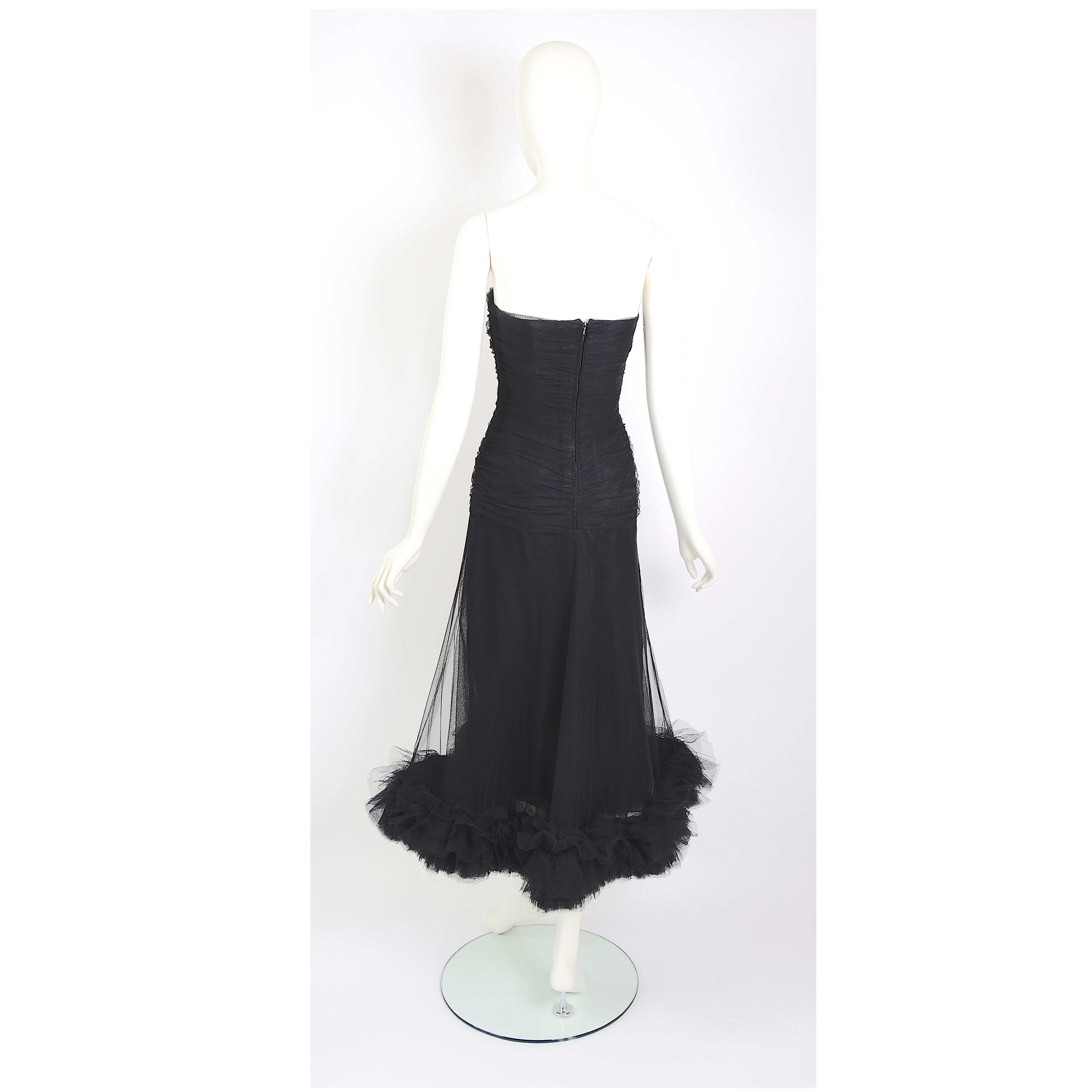 Christian Dior by Marc Bohan vintage numbered couture black tulle evening dress For Sale 1