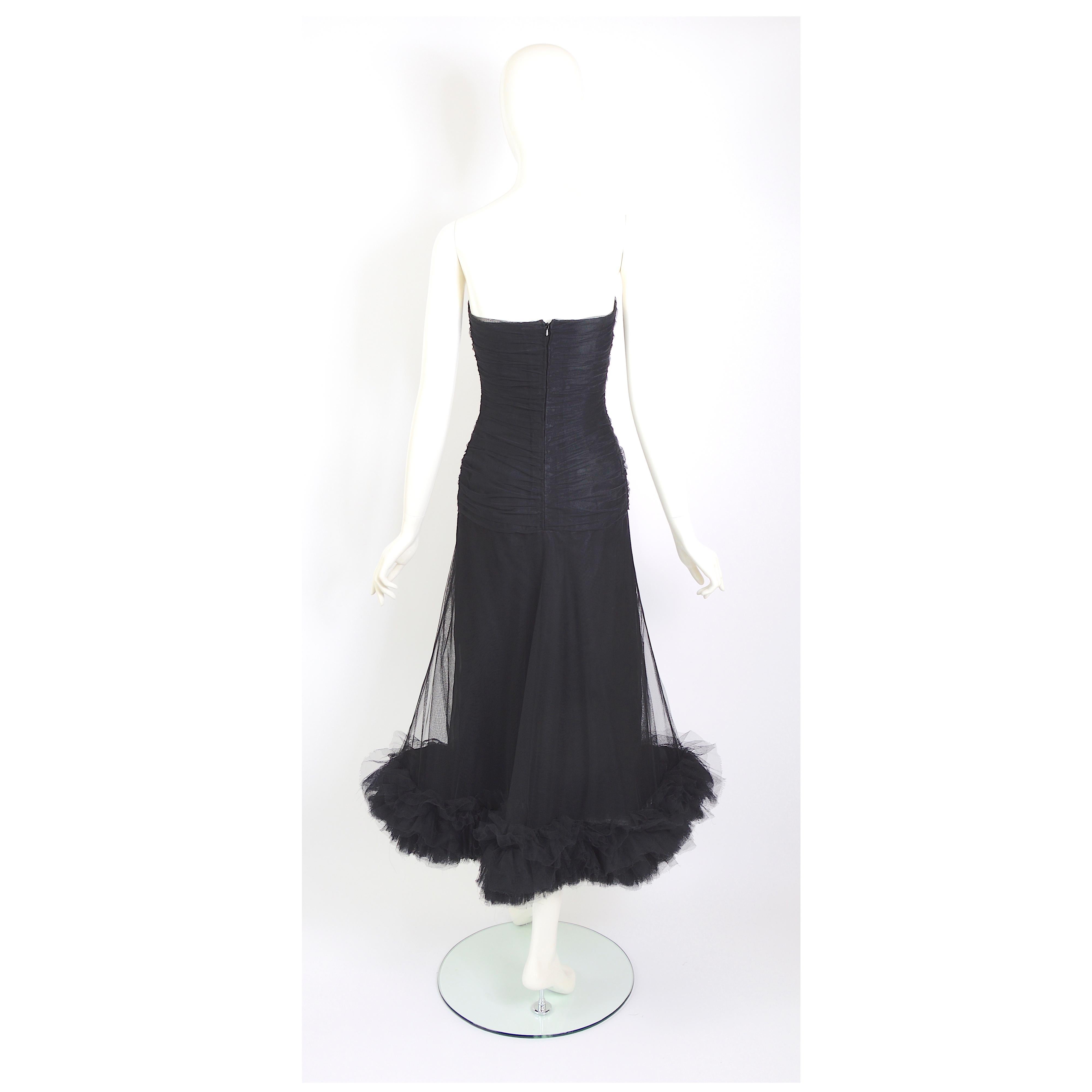 Christian Dior by Marc Bohan vintage numbered couture black tulle evening dress For Sale 2