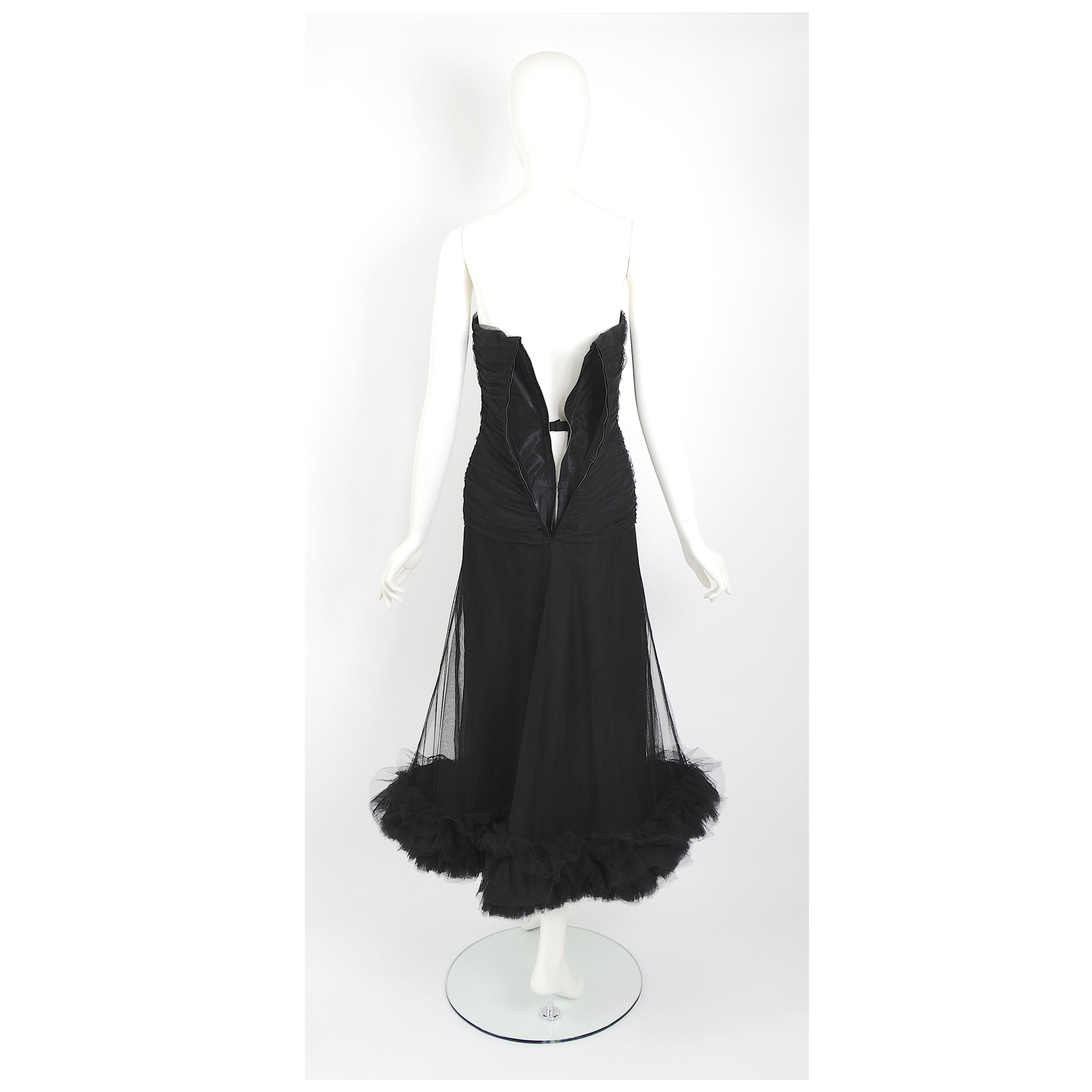 Christian Dior by Marc Bohan vintage numbered couture black tulle evening dress For Sale 3