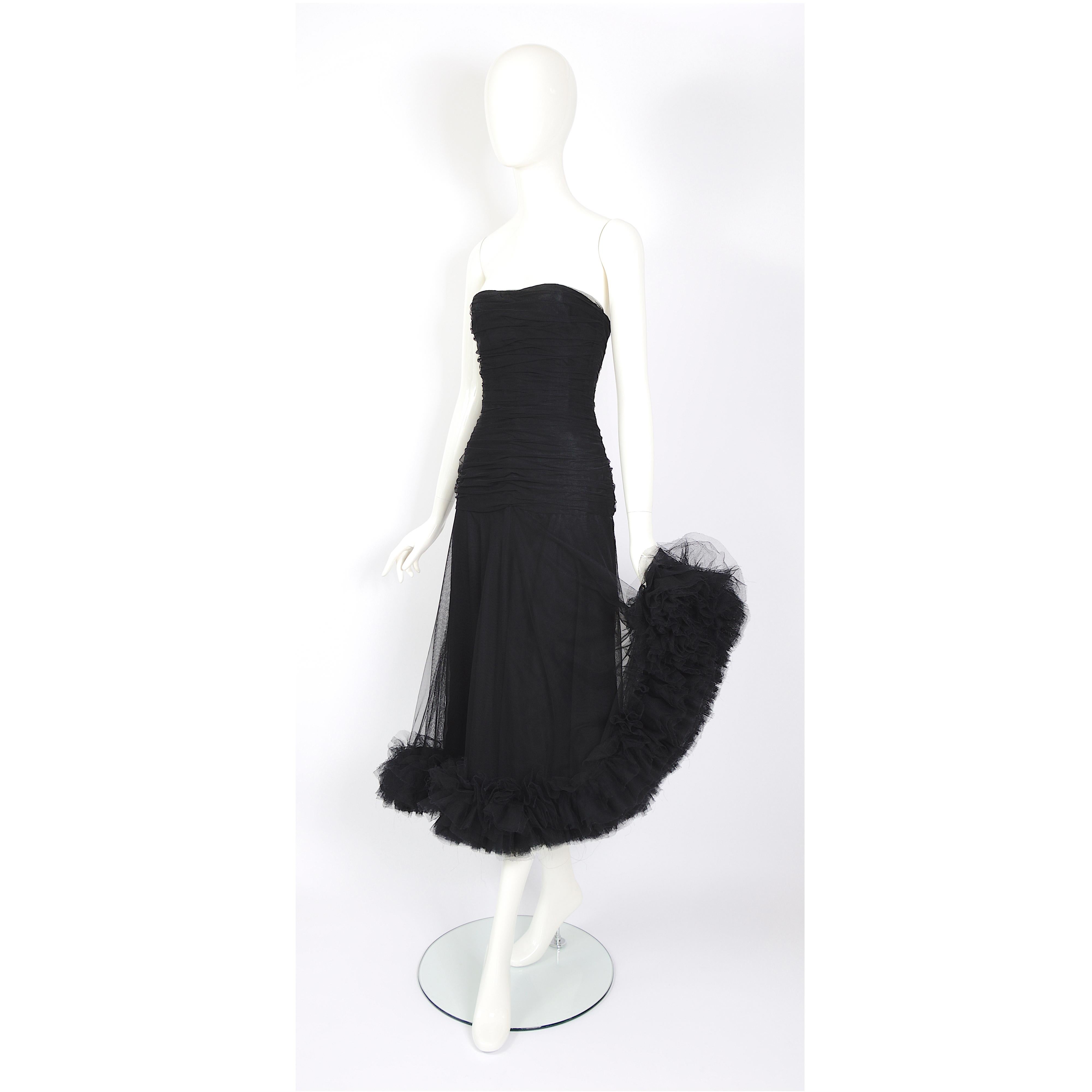 Christian Dior by Marc Bohan vintage numbered couture black tulle evening dress For Sale 4