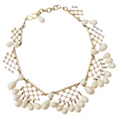 Christian Dior Vintage 1950s Pearls Bib Tear Drop Netted Lace Filigree Necklace