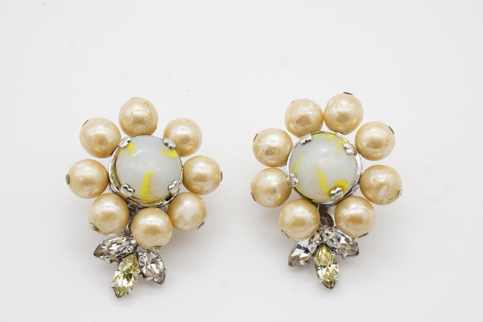 Christian Dior Vintage 1957 Light Green Yellow Pearls Crystals Flower Earrings 6