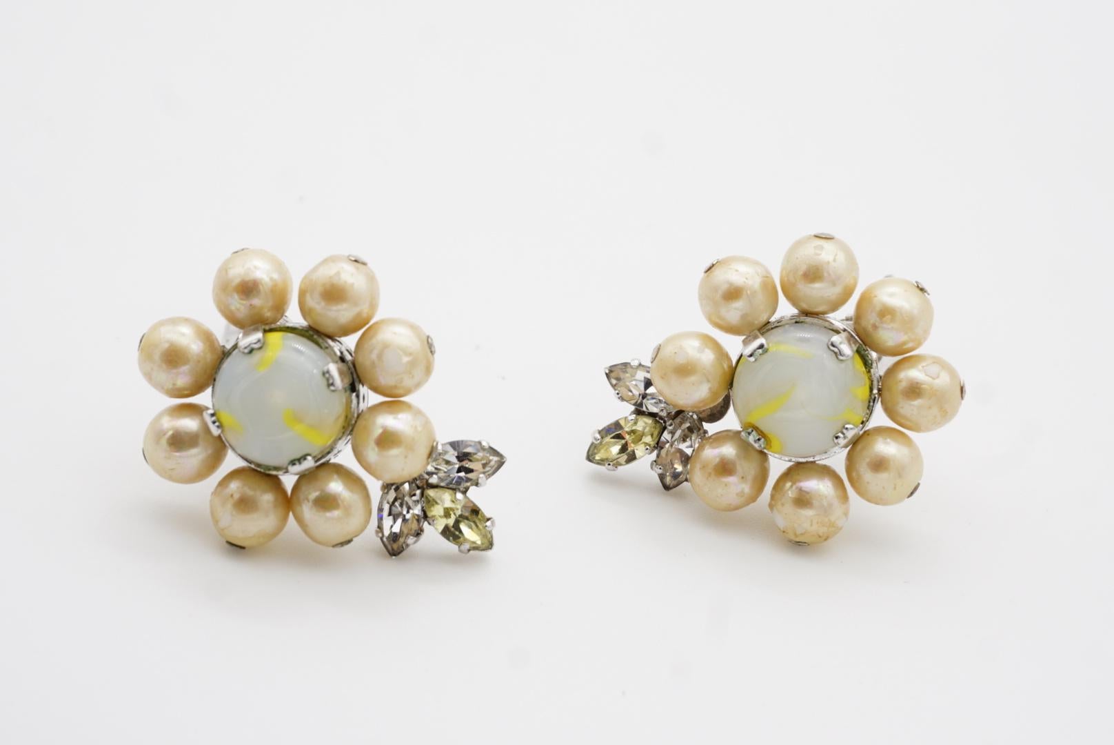 Christian Dior Vintage 1957 Light Green Yellow Pearls Crystals Flower Earrings 7