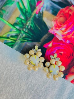 Christian Dior Vintage 1957 Light Green Yellow Pearls Crystals Flower Earrings