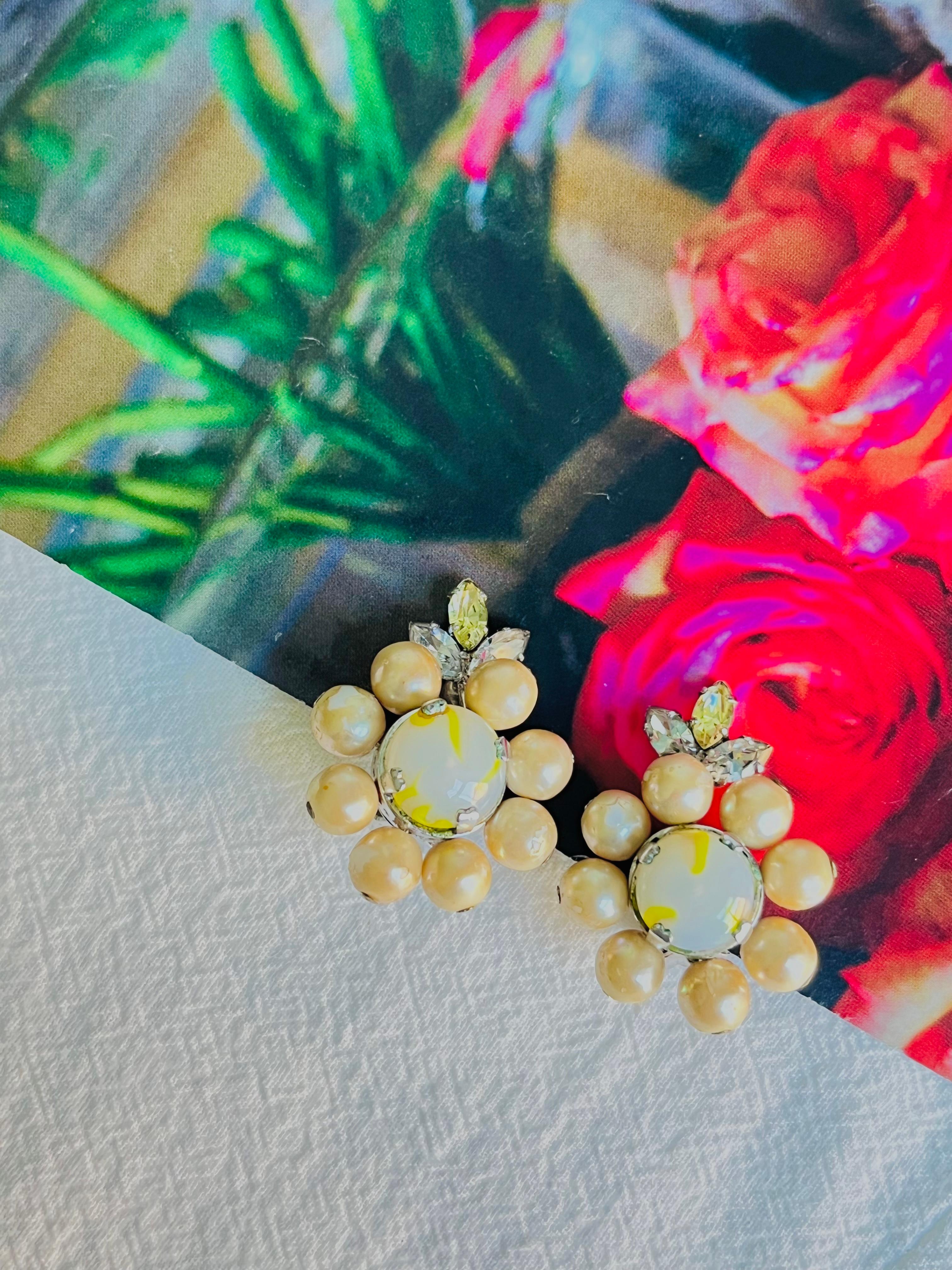 Art Deco Christian Dior Vintage 1957 Light Green Yellow Pearls Crystals Flower Earrings