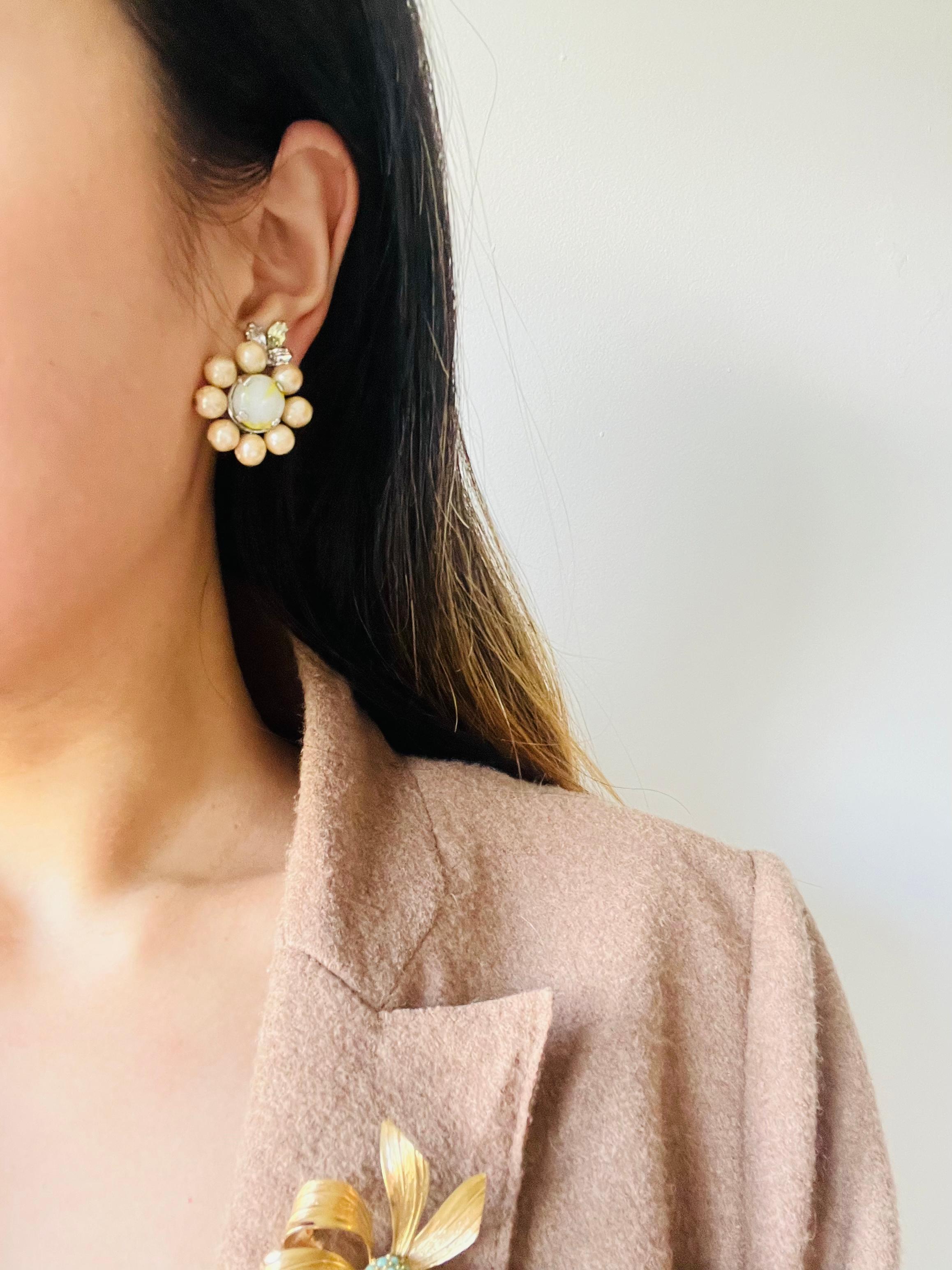 Christian Dior Vintage 1957 Light Green Yellow Pearls Crystals Flower Earrings 1