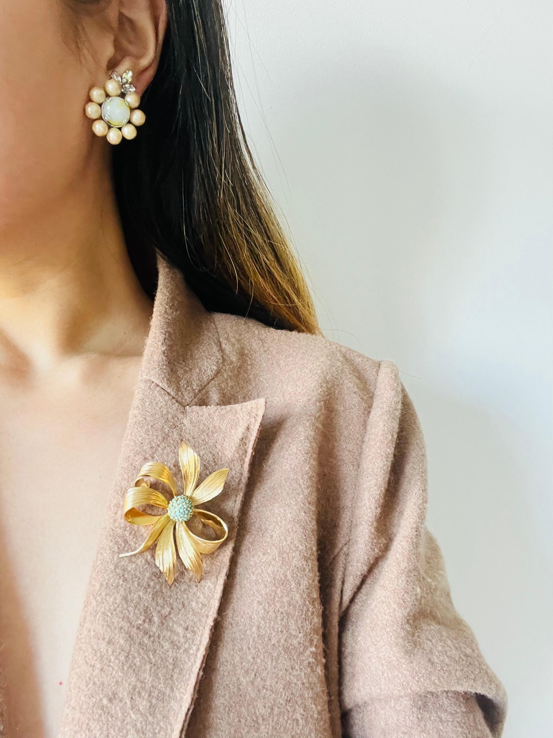 Christian Dior Vintage 1957 Light Green Yellow Pearls Crystals Flower Earrings 2